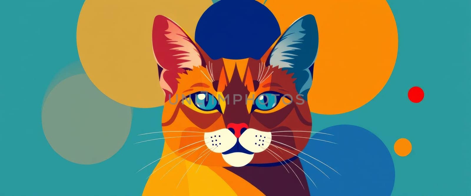 This artwork presents a stylized cat portrait with sharp lines and bright hues, set against a background of blue and orange circles. The art style is modern and geometrical.