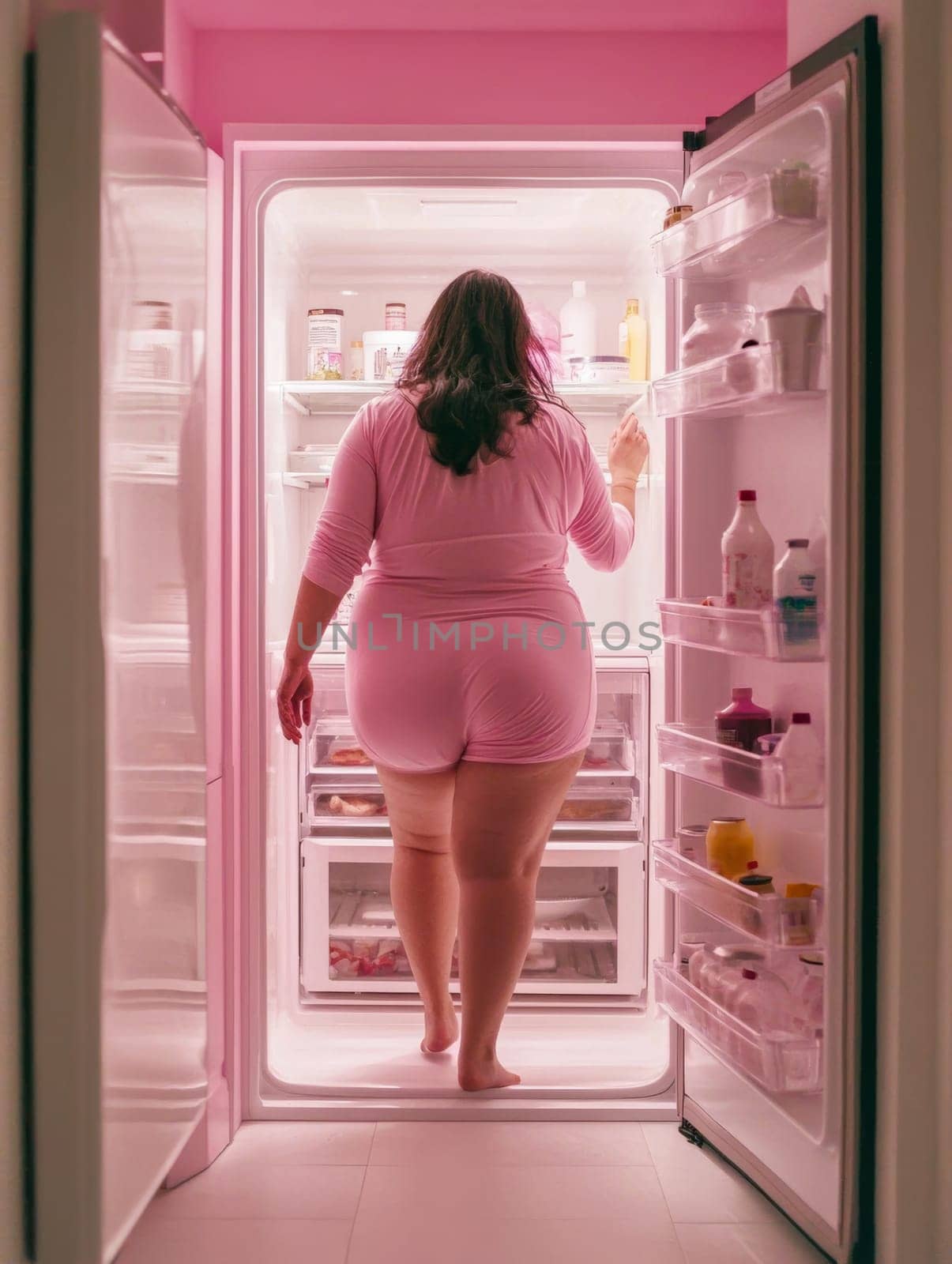 A woman wearing pink pajamas stands barefoot in a brightly lit, all-pink kitchen, peering into a well-stocked refrigerator. The scene conveys a late-night snack craving.