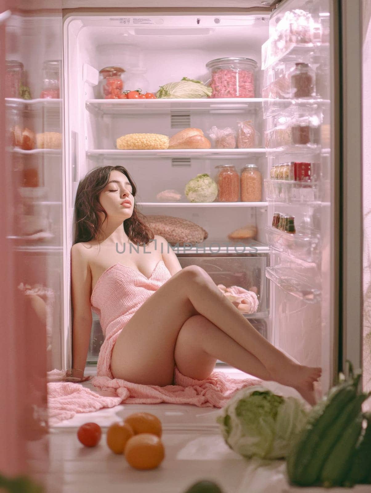 A person wrapped in a pink fabric sits inside a refrigerator filled with fresh produce, creating an ethereal and surreal scene. The soft lighting enhances the peaceful and tranquil vibe.