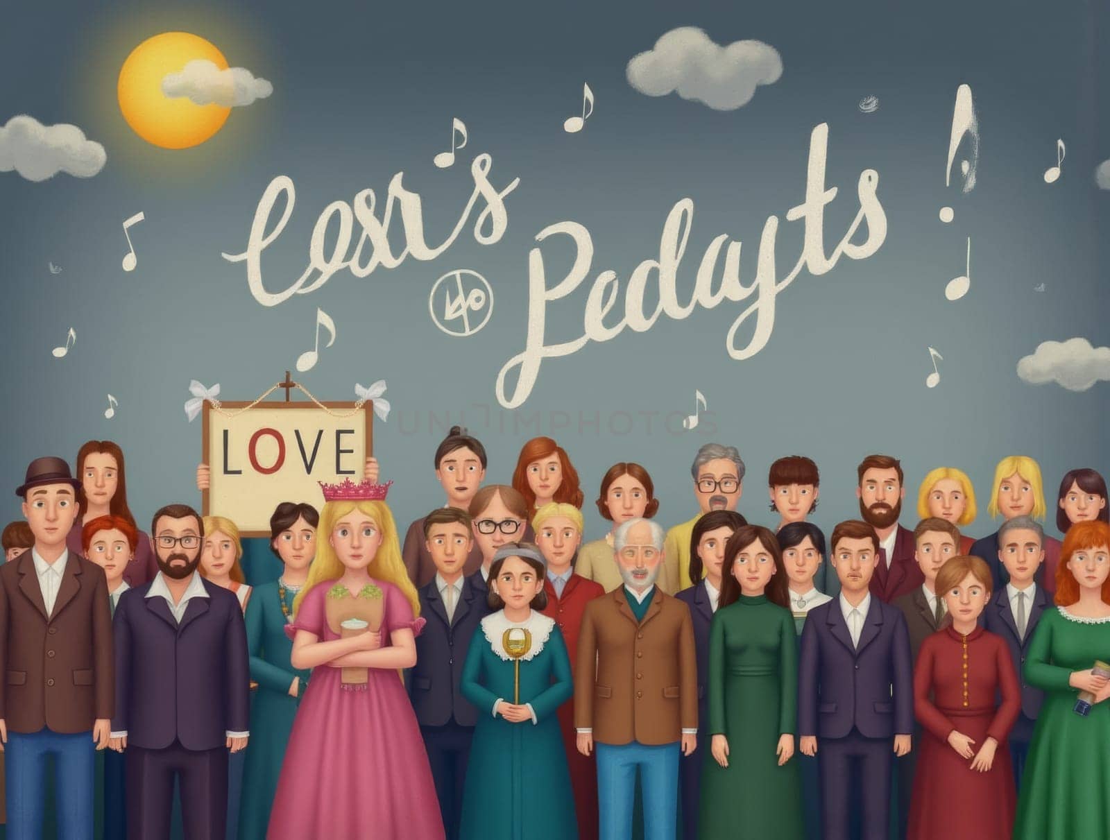 An illustration depicting a diverse group of people against a light blue background, interspersed with musical notes and clouds, with some holding a sign that reads 'LOVE'.