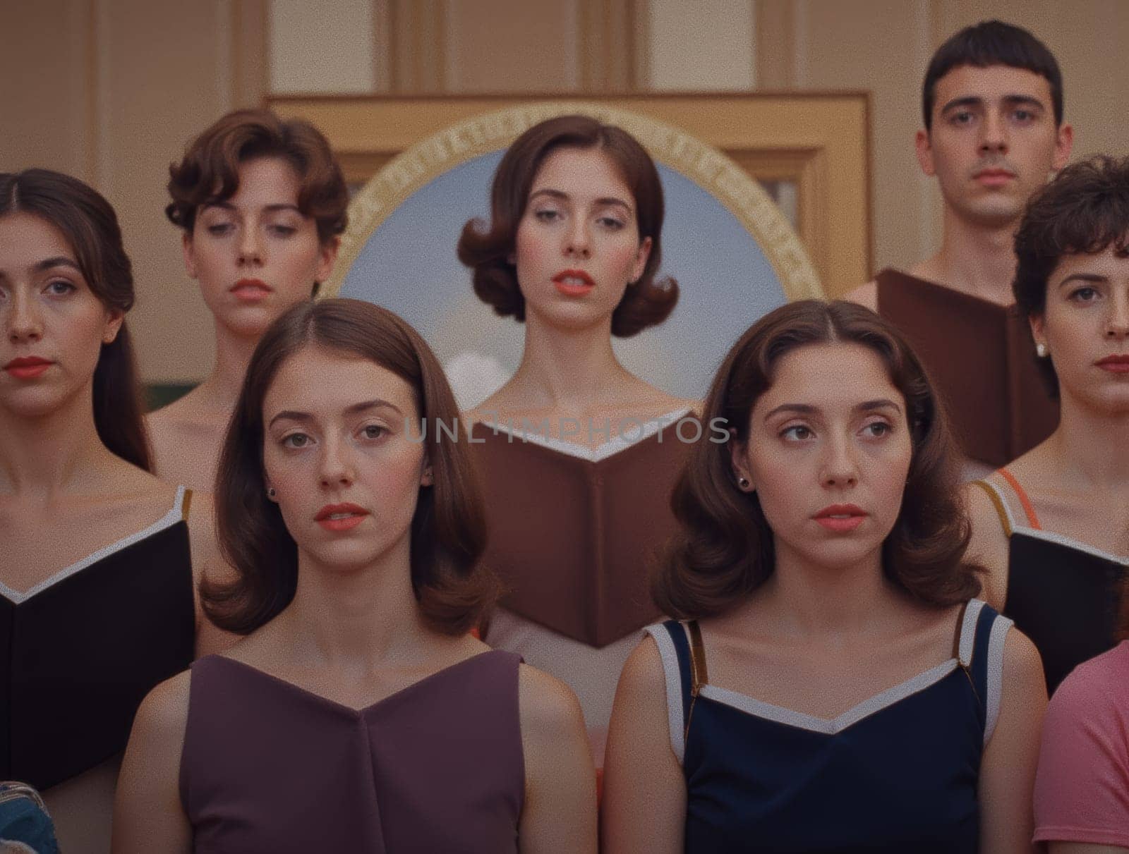 An ensemble of young singers positioned indoors, with classic hairstyles and holding open books, ready to perform. The setting evokes a timeless atmosphere and artistic expression.