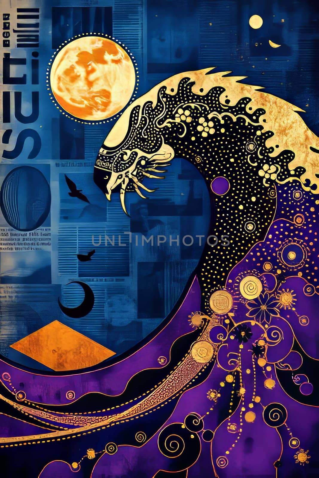 Stylized digital artwork showcases a wave with Japanese oriental elements, contrasted by shades of navy and purple. Celestial elements include an orange moon, with geometric shapes.