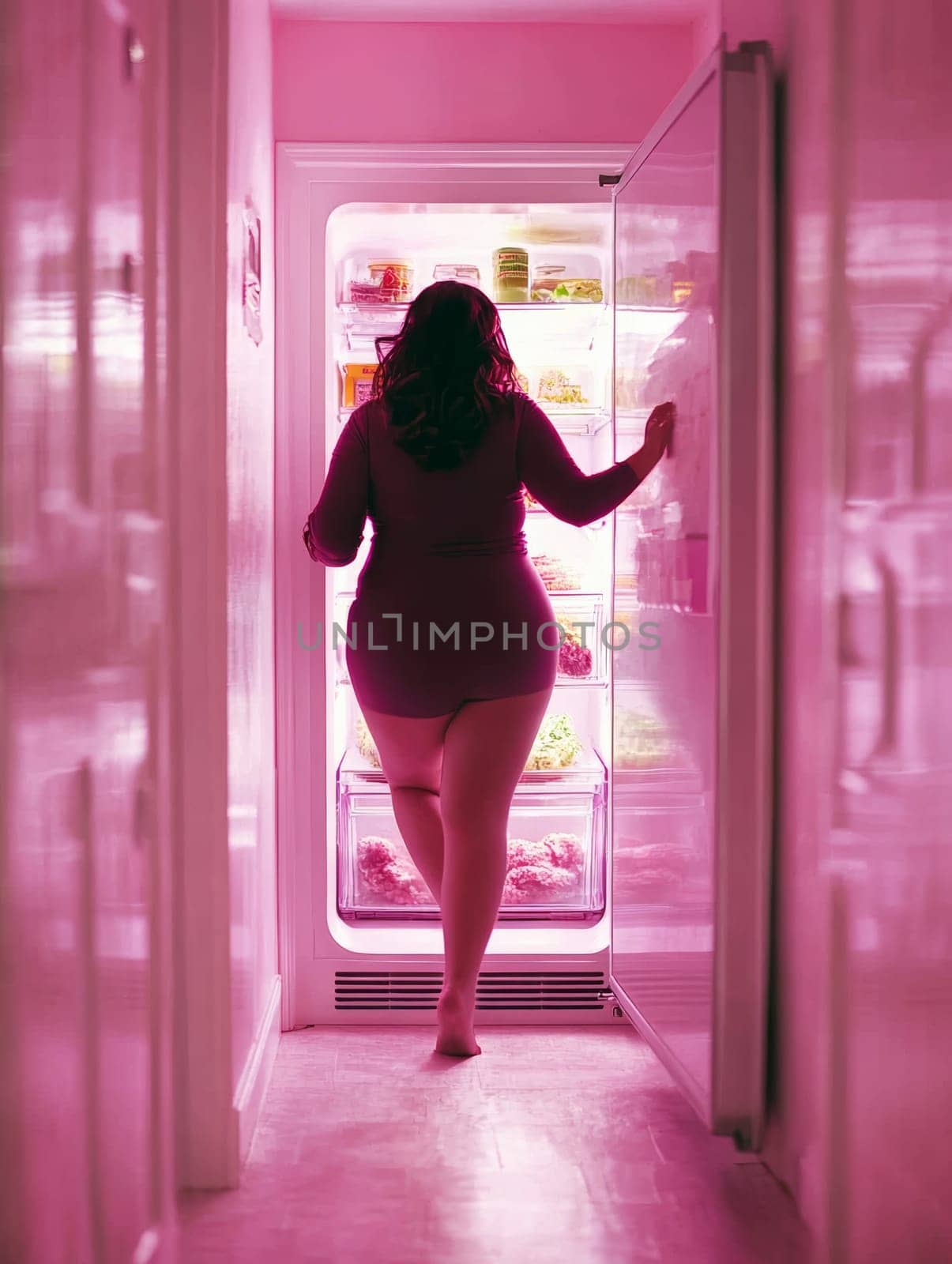 In a brightly pink hued space, a woman walks barefoot toward an open, brightly lit refrigerator. Wearing a dress, her hand rests on the fridge door as she looks for food. This is a nighttime scene.