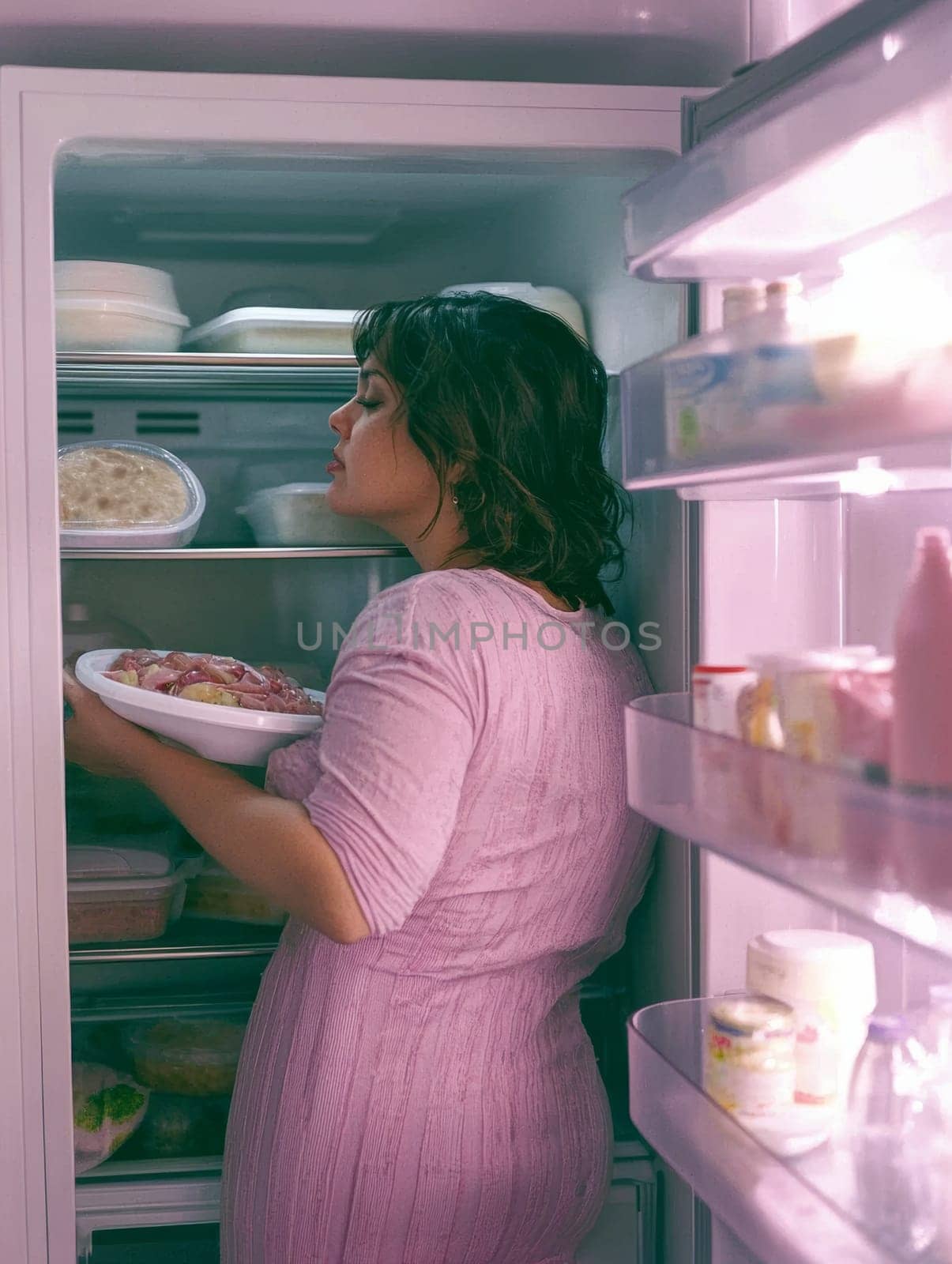 Inside a brightly lit refrigerator, a woman in a pink dress searches for ingredients. She carefully holds a bowl of food as she scans the shelves lined with various containers and food items.