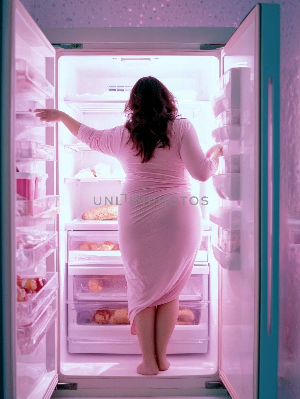 A woman in a pink dress standing in front of an open refrigerator. The refrigerator is brightly lit, revealing various food items inside. This scene is likely set late at night.
