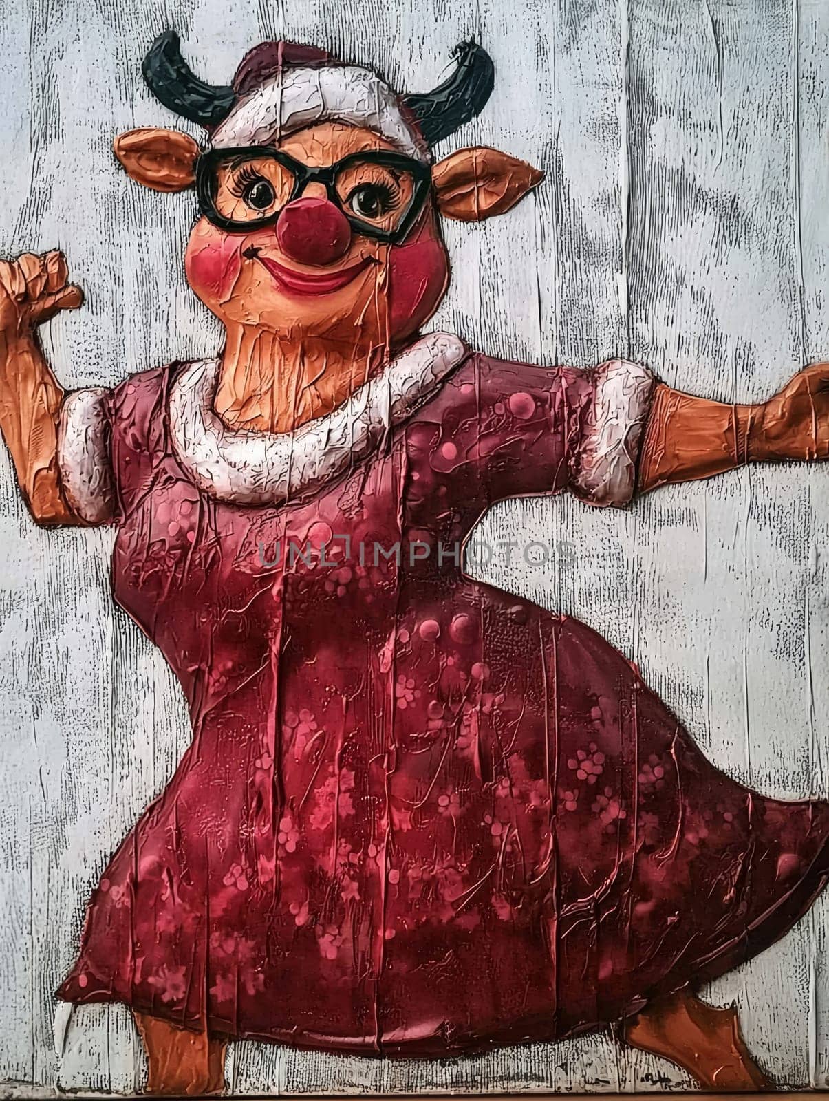 This whimsical painting features a cow with human-like attributes. The cow is wearing glasses and a patterned dress, all rendered with textured strokes on a vertically lined background.