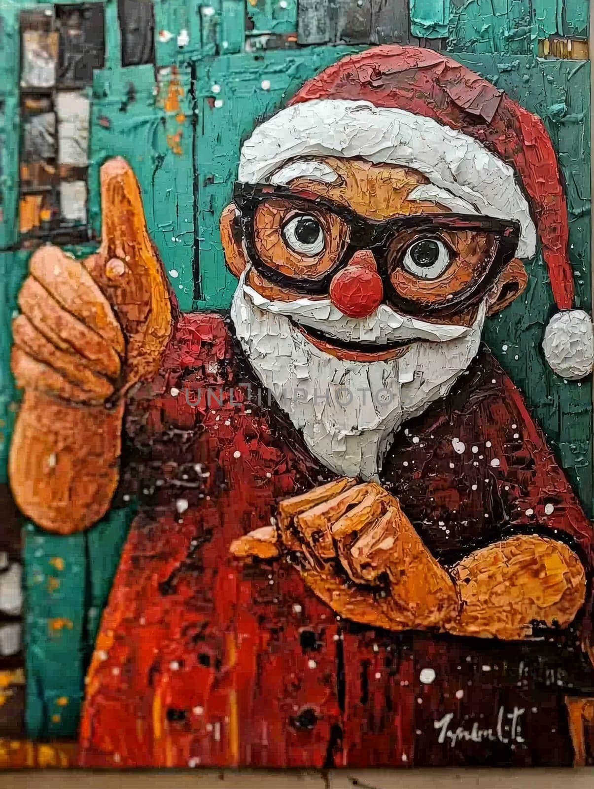 An expressive painting of a figure wearing glasses and a festive hat, rendered with thick, textured brushstrokes. The background is a blend of teal and gray, adding a touch of the holiday mood.