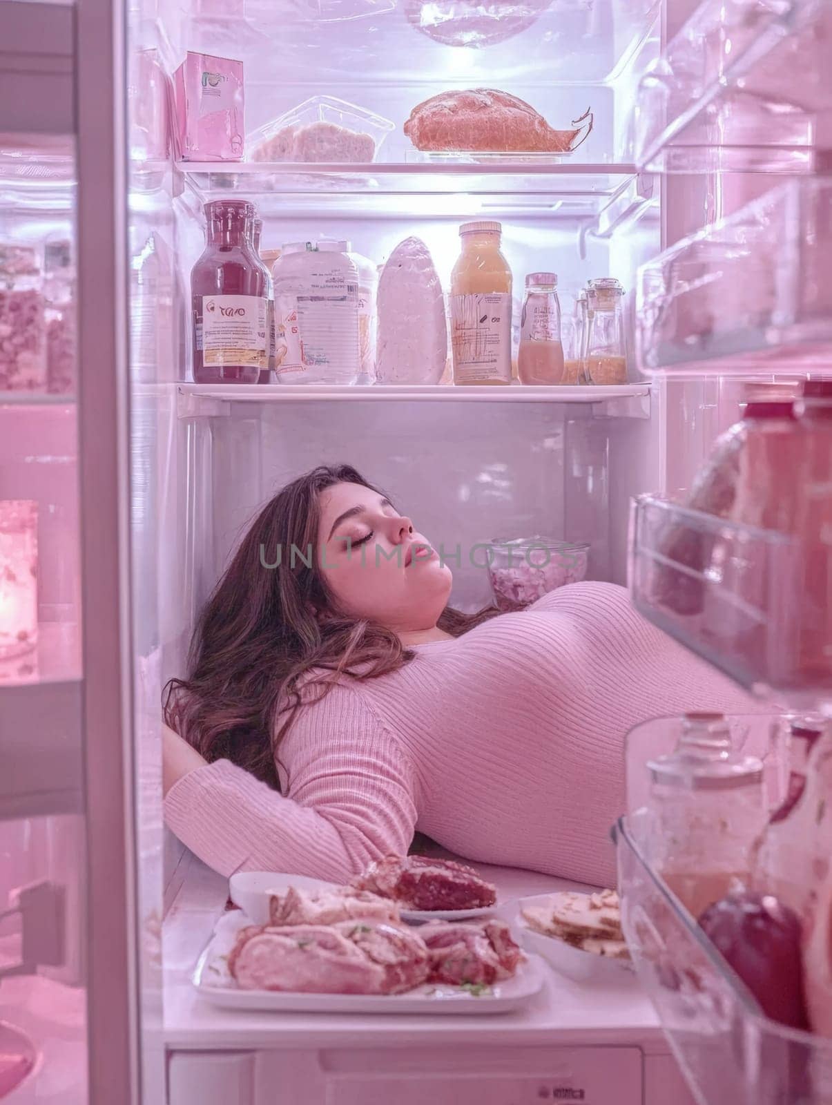 An artistic representation of a woman in a pink sweater lying inside a refrigerator filled with food items, lit with soft, pink hues. The scene presents surrealism, evoking feelings of comfort, escape, or longing.