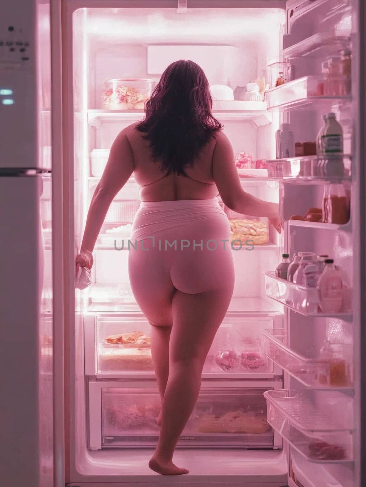 Back view of a woman bathed in the pinkish light of an open refrigerator, searching for something to eat in the middle of the night. A snapshot of vulnerable hunger and late night cravings.