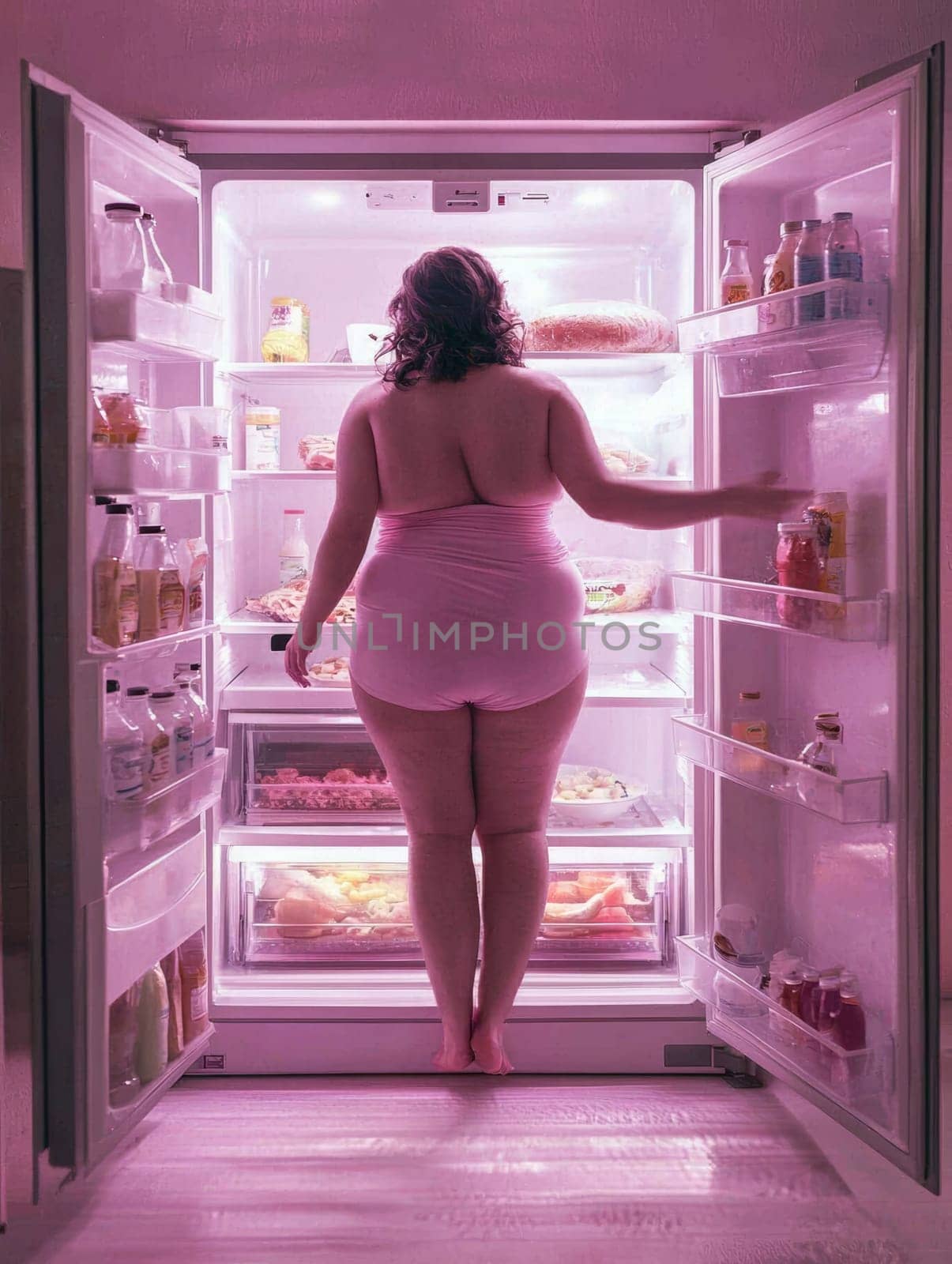 A woman stands in a pink outfit in front of an open refrigerator. The fridge is lit, revealing an assortment of food. The scene is monochromatic, emphasizing the glow of the refrigerator's light.