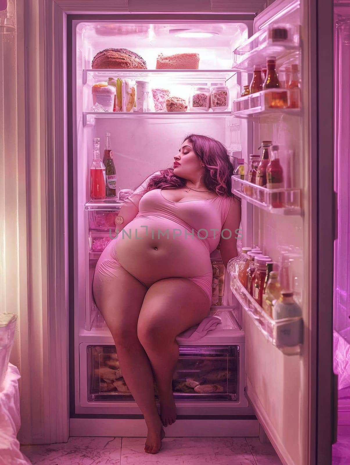 The image captures a woman in a pink bodysuit sitting inside a refrigerator, surrounded by various food items, softly illuminated by a pink light, creating a dreamlike scene.
