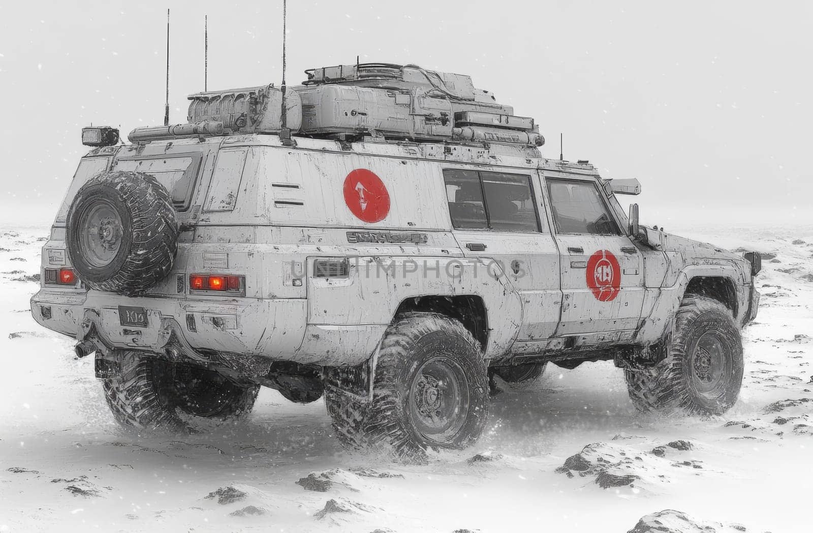 A rugged all-terrain vehicle, marked with a red symbol, boldly navigates a vast, snow-covered expanse. The modified truck is ready for the rough conditions. Snow is falling.