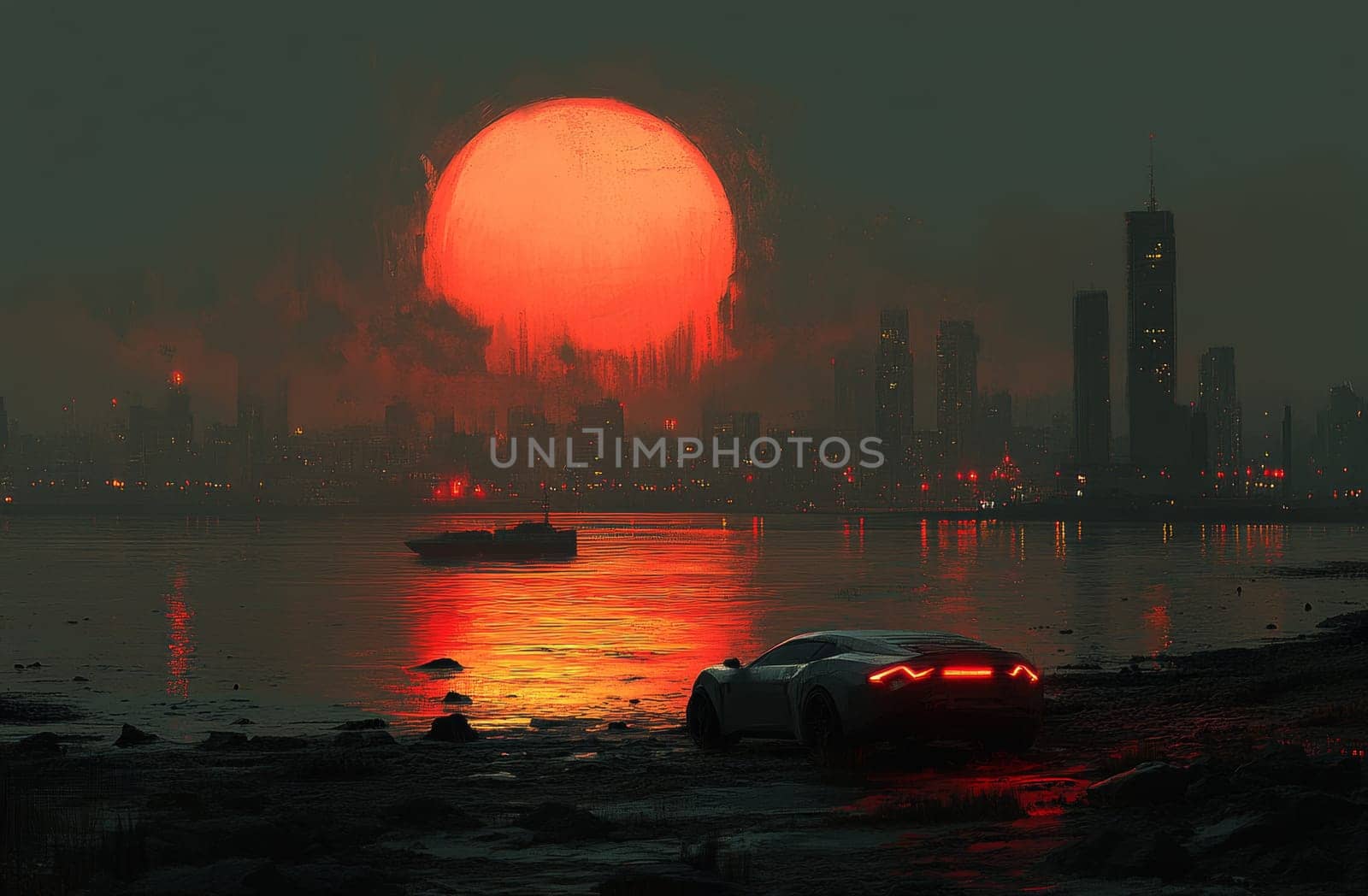 A car sits at the shore during sunset, facing the illuminated city across the water. Reflected lights shimmer across the water. The city silhouette is under a hazy sky.