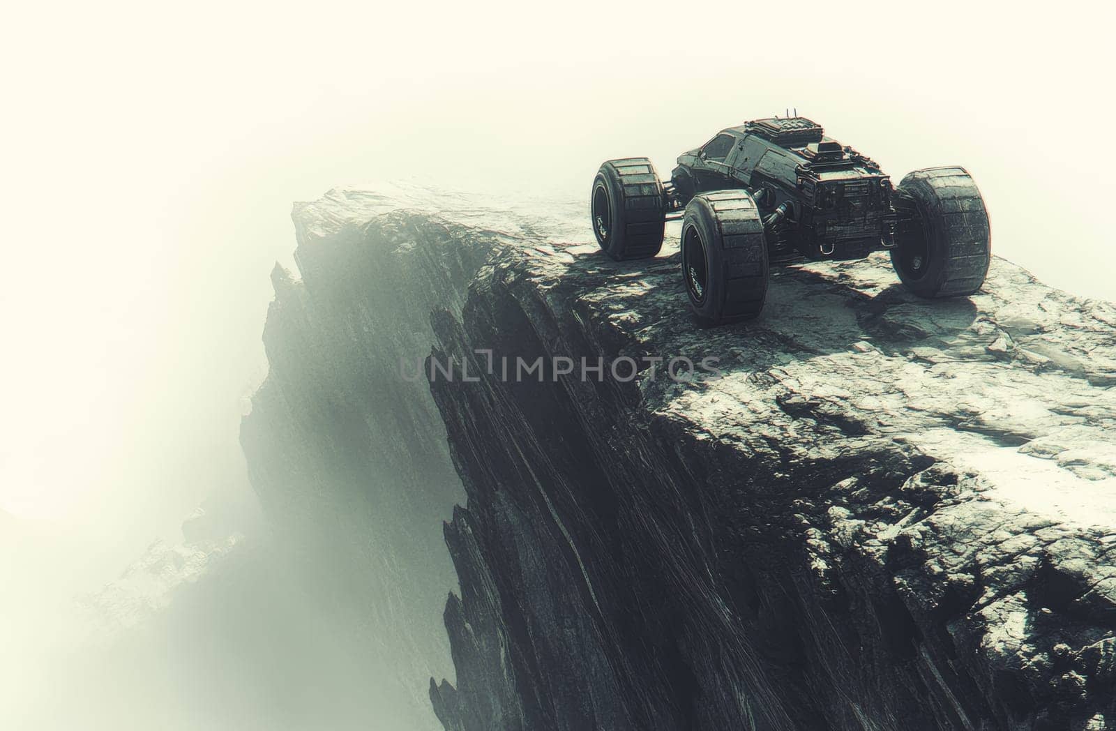 A dark, rugged all-terrain vehicle sits precariously on the edge of a sheer rocky cliff. The scene is shrouded in mist, creating an atmosphere of adventure and unknown challenges.