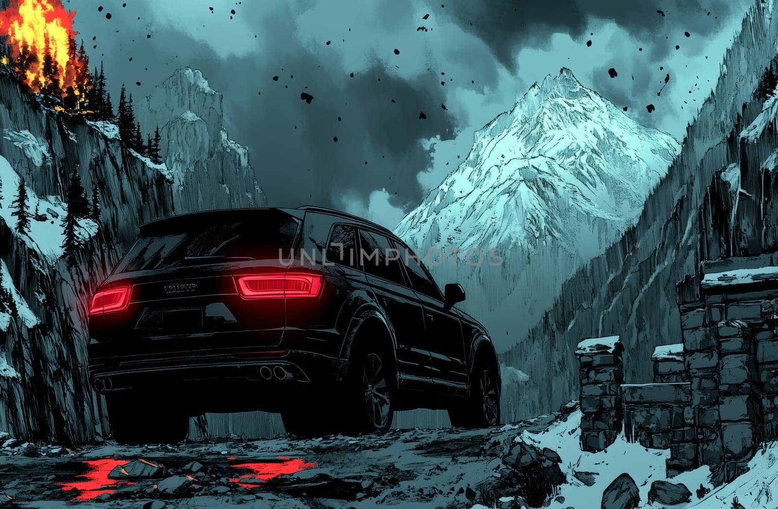 A sleek black SUV is seen from the rear, navigating a snowy mountain pass under a dark, cloudy sky. Tail lights glow red. The scene is punctuated by a distant fire and rugged peaks.