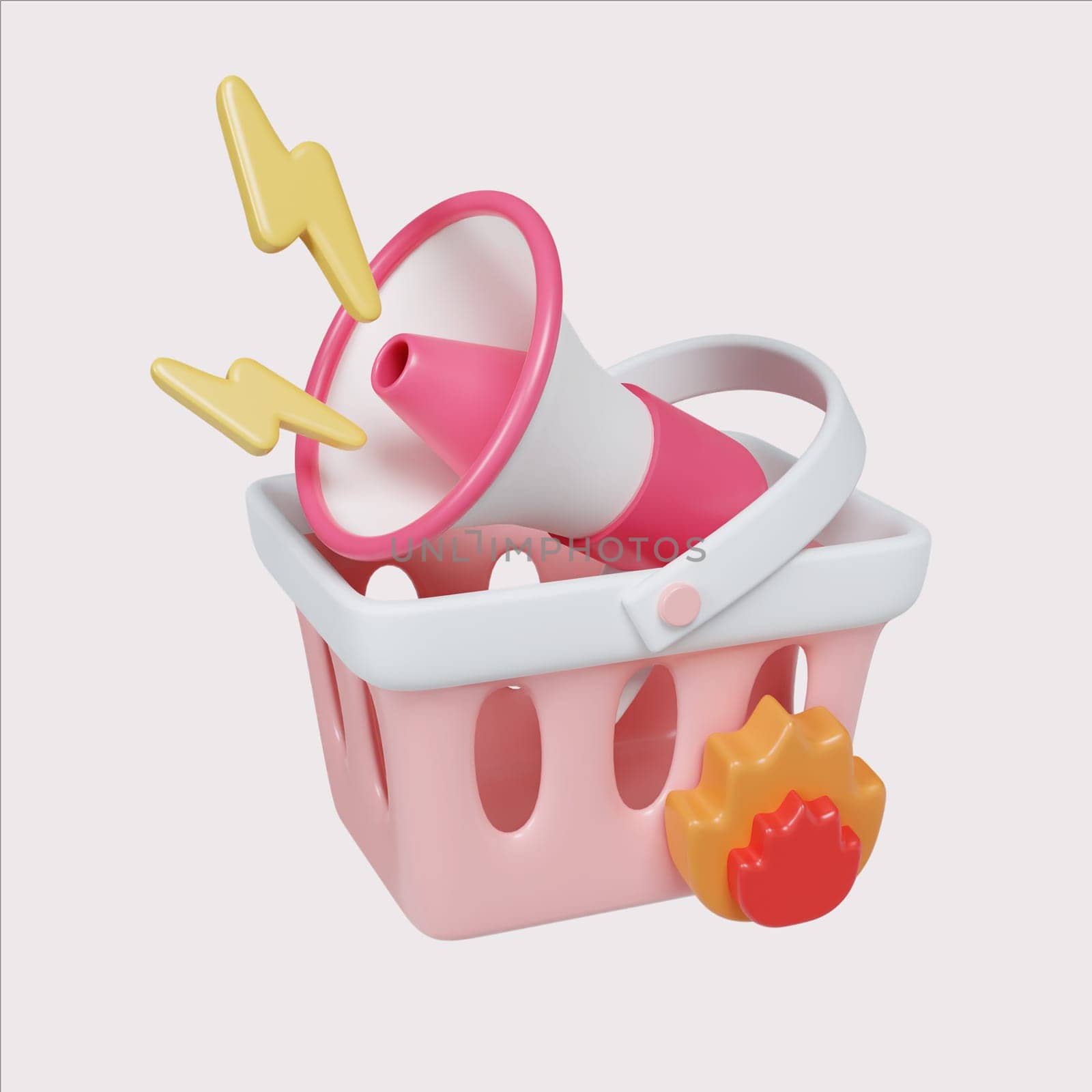 A vibrant 3D render illustration of a megaphone in a shopping basket surrounded by lightning bolts, ideal for announcements and promotions.