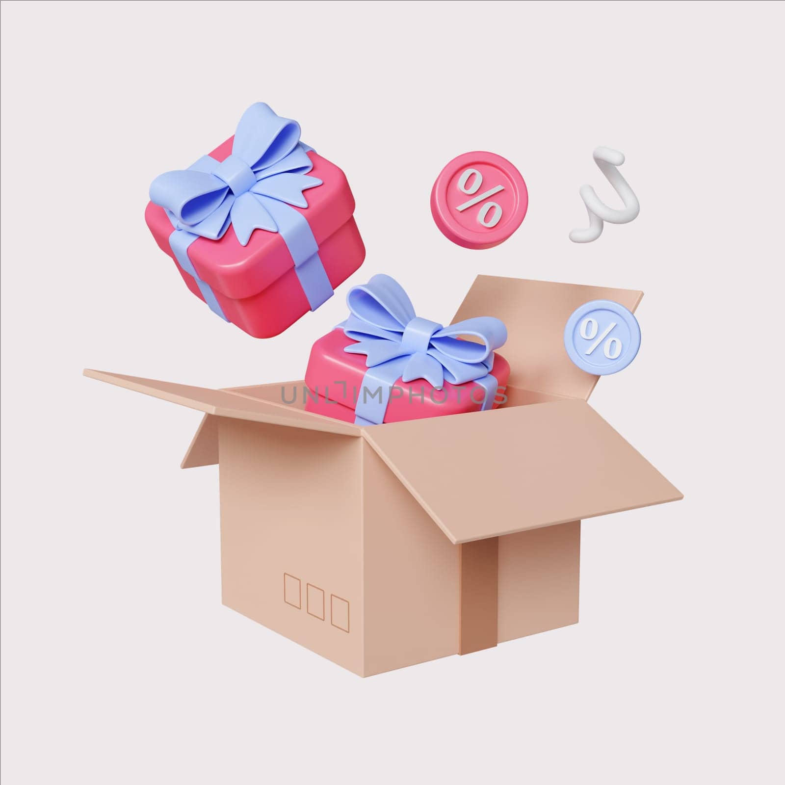 A playful set of 3D gift boxes with bows, perfect for event marketing or holiday promotions.