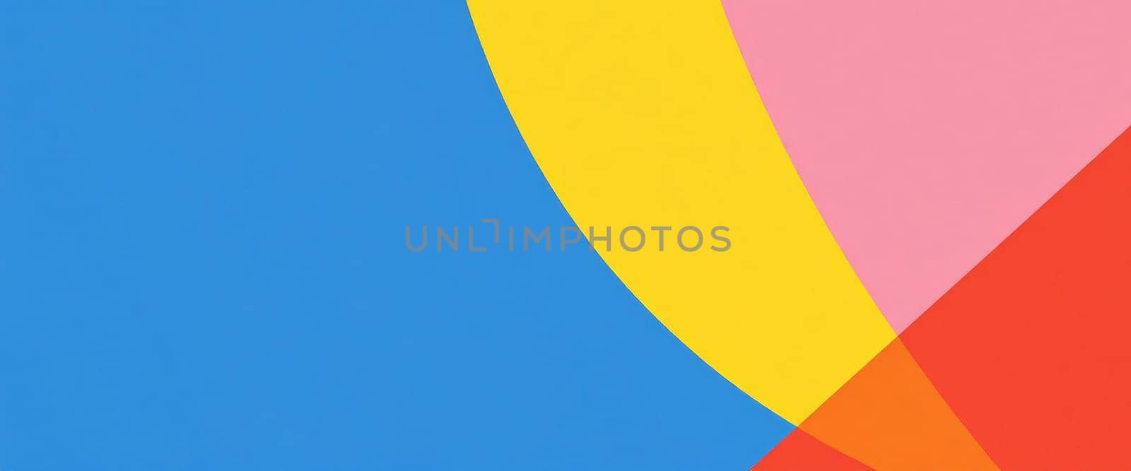 A contemporary abstract composition featuring bold blocks of color. Blue, yellow, pink, red and orange hues form geometric shapes and curves, creating a lively and visually appealing image.