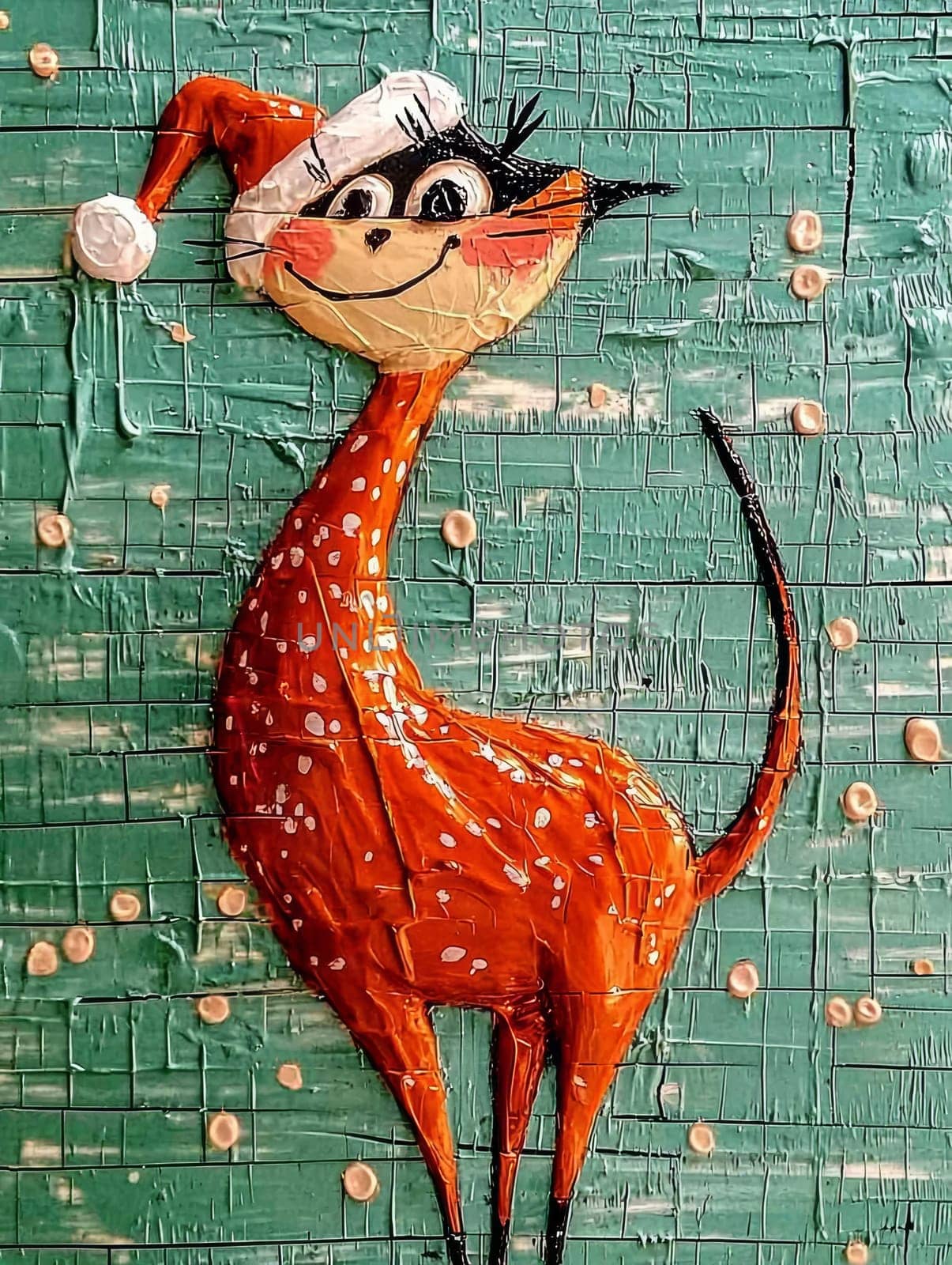 A delightful artwork shows an orange, spotted cat-like figure wearing a festive hat. Set against a textured green backdrop, creating a charming, whimsical, holiday-themed scene. A playful, folk art style.