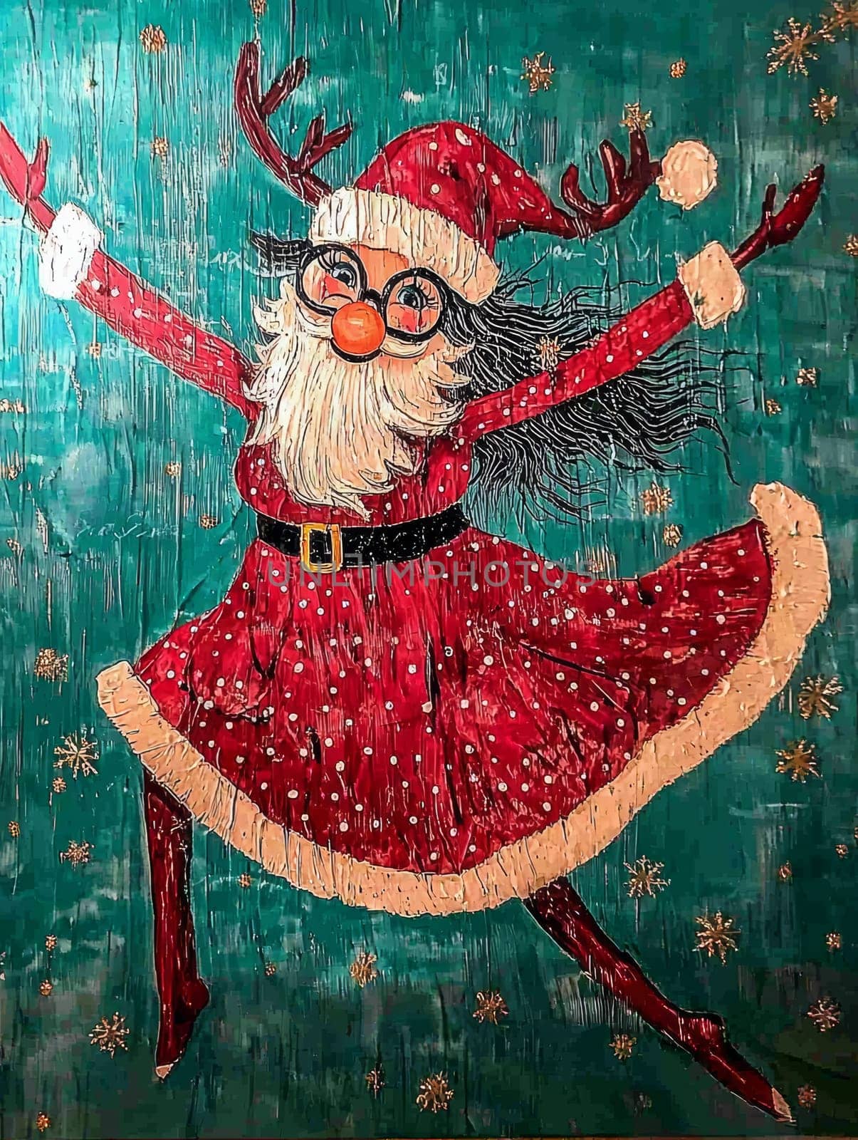 This is a festive and fun artwork with a character donning a holiday-themed attire. The figure is set against a backdrop reminiscent of snowfall, creating a cheerful, celebratory atmosphere.