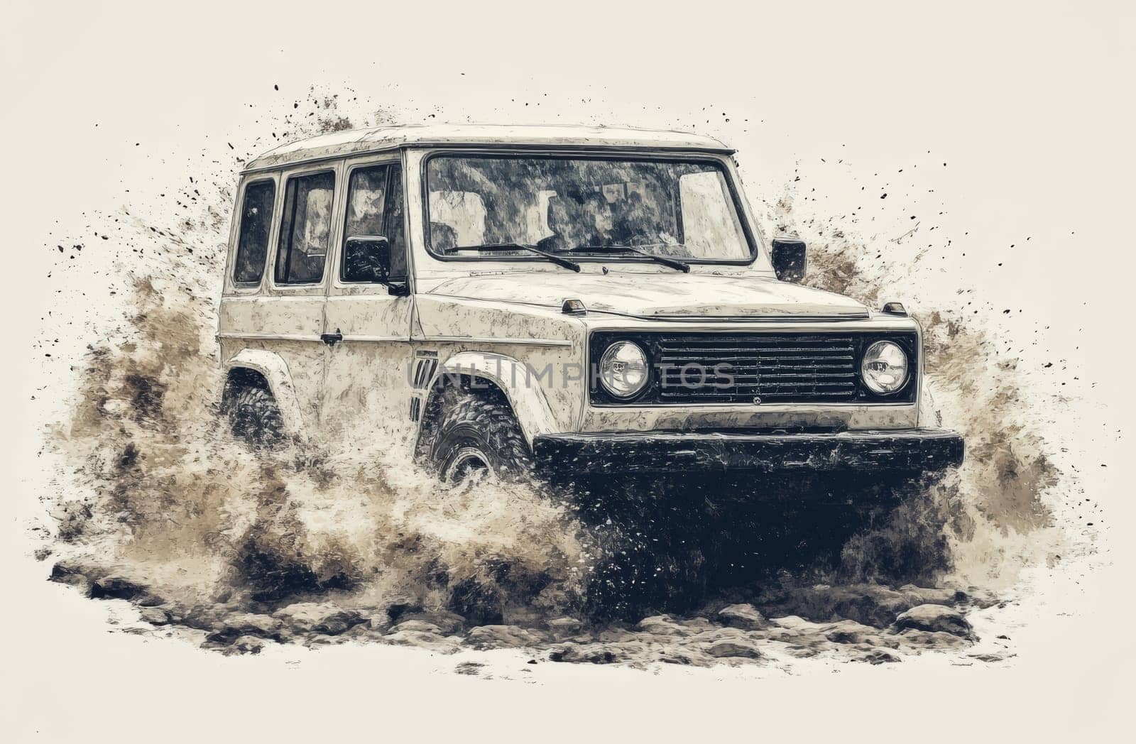 A vintage, boxy off-road vehicle navigates a muddy terrain, with water and mud splashing around its wheels. The image is stylized with brush stroke effects, enhancing motion and ruggedness.