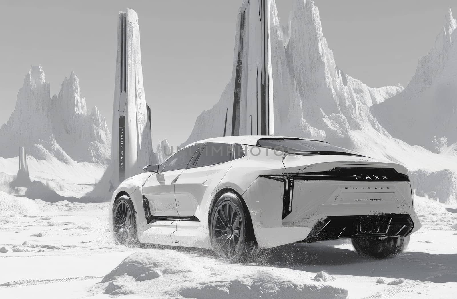 A white car races across a snowy landscape, towers rise in the distance, creating a futuristic atmosphere. The sleek design of the vehicle contrasts with the barren environment.