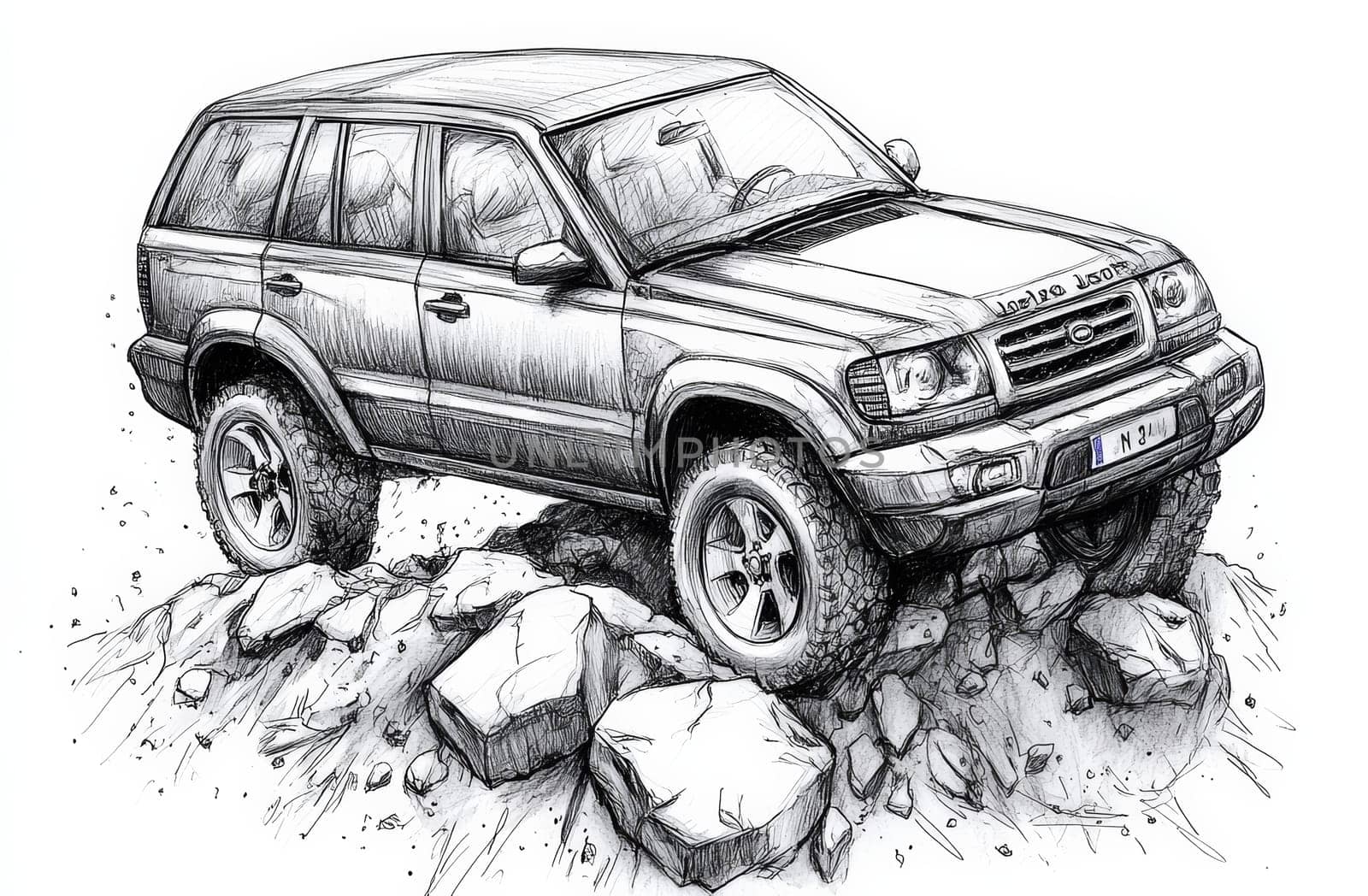 A detailed black and white sketch showcases a four-wheel drive SUV skillfully traversing a challenging landscape filled with rocks and uneven terrain, symbolizing adventure and off-road driving prowess.