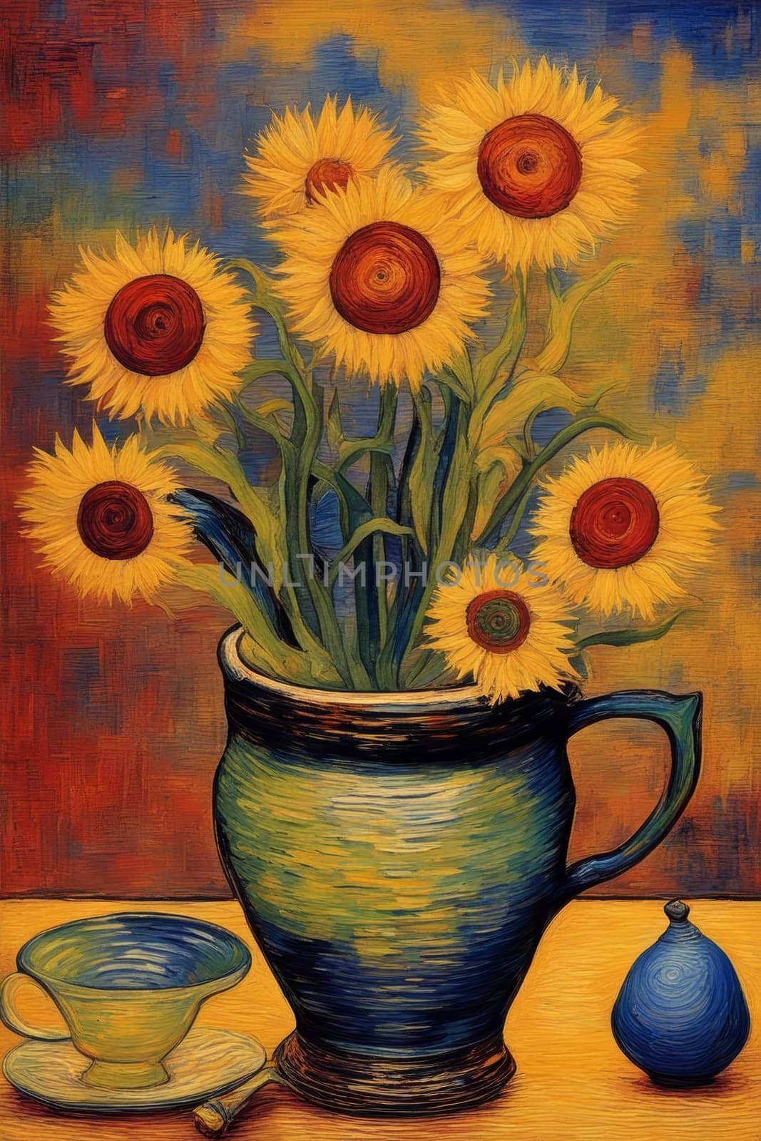 This still life showcases a vivid bouquet of sunflowers in a unique pitcher, accompanied by a delicate teacup and a small ornamental jar, set against a textured, colorful background.