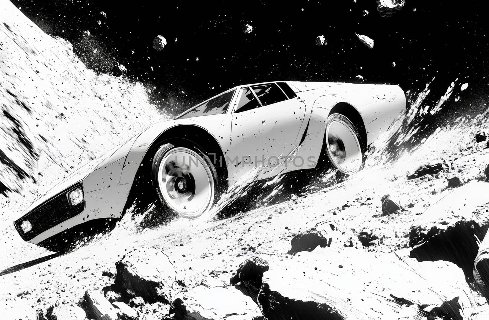 A sleek vehicle is captured in a dramatic, high-contrast monochrome setting. The vehicle appears to be navigating a rugged, otherworldly terrain, emphasizing its powerful presence.