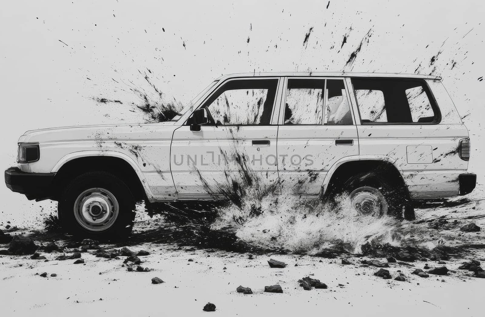 The monochrome photograph presents a white SUV aggressively moving through an off-road terrain, with mud and debris flying in its wake. The setting accentuates the ruggedness of the vehicle, creating a dynamic contrast.