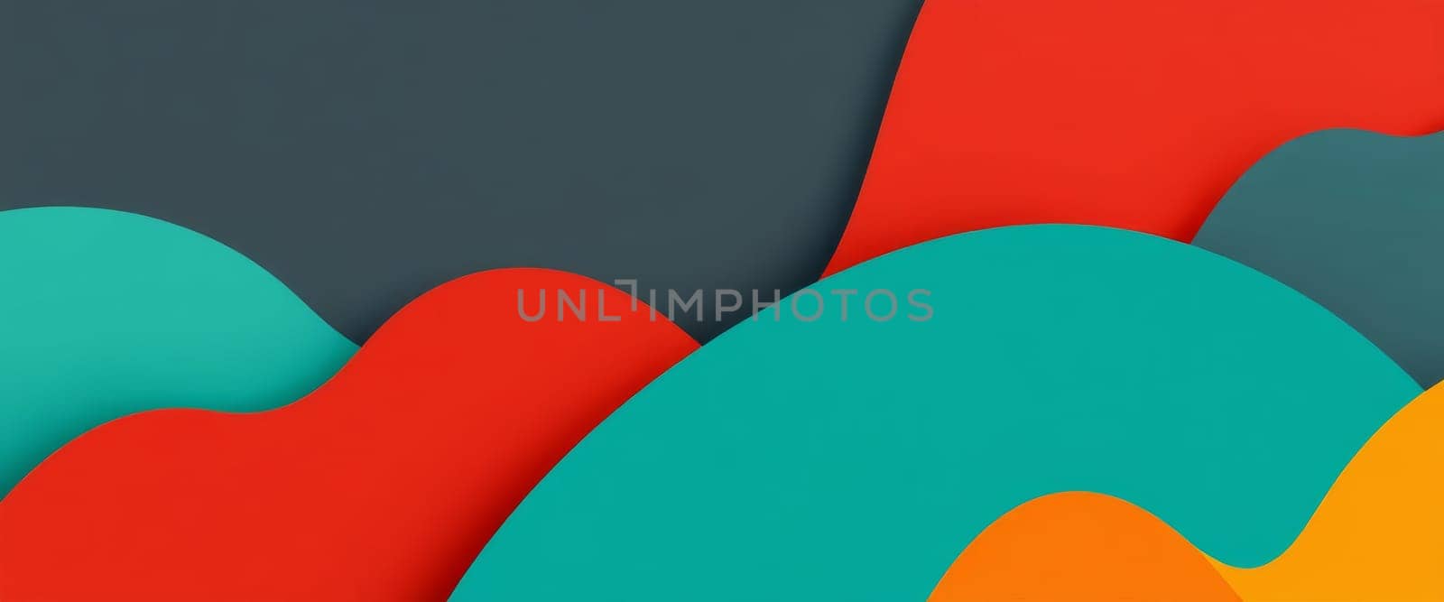 A colorful abstract background with layered rounded shapes. The composition features a dynamic arrangement of orange, red, teal, and gray with varying shades and depths for visual appeal.
