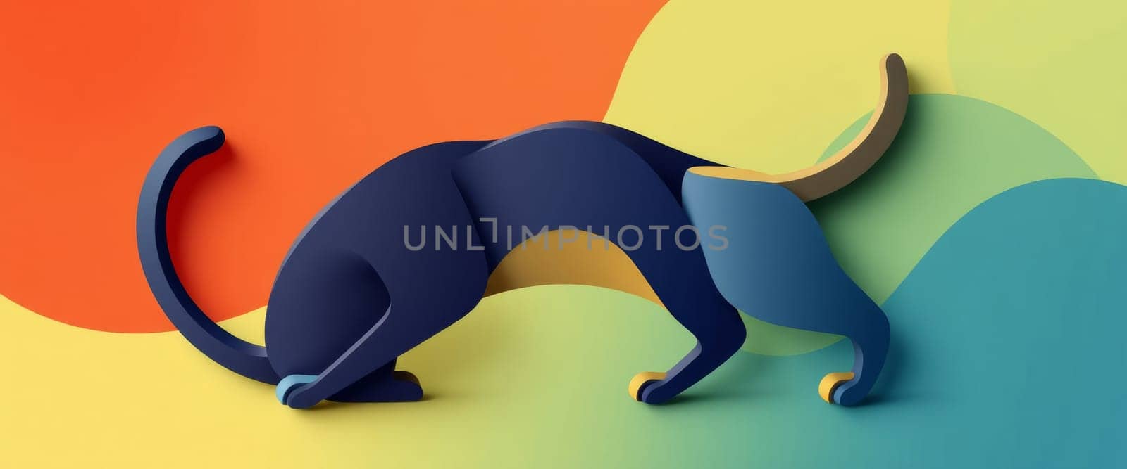 A 3D stylized cat sculpture with smooth geometric shapes is set against a backdrop of vibrant color gradients, showcasing an artistic and whimsical scene filled with light.