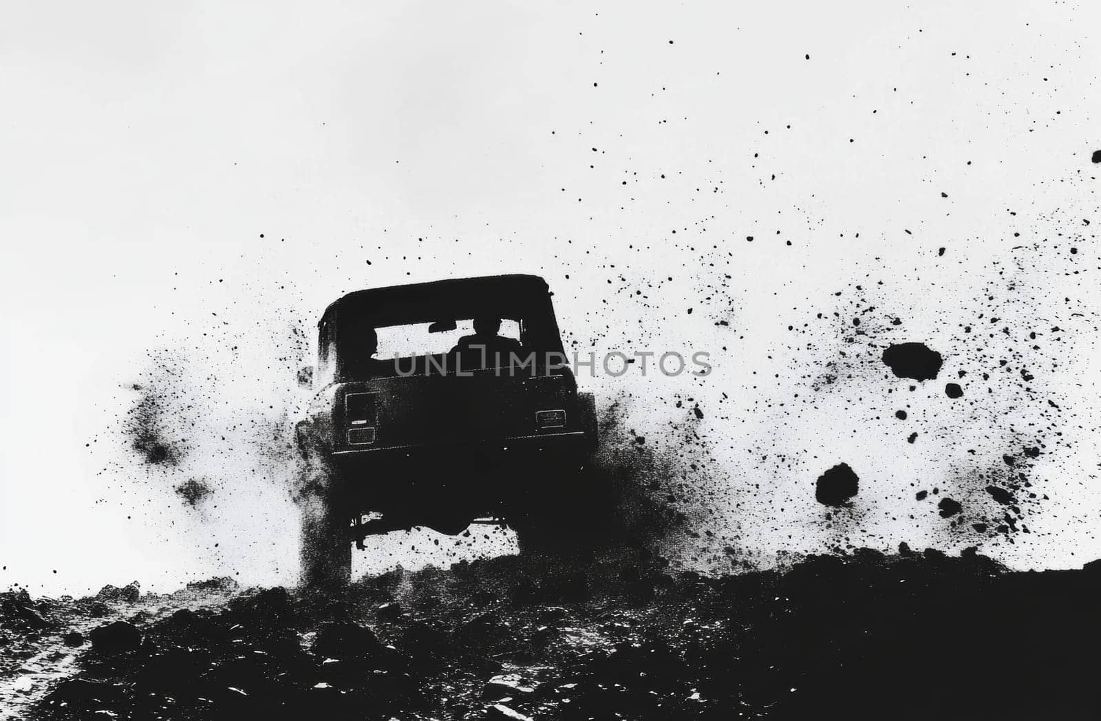 This striking black and white image captures an off-road vehicle ascending a rugged, rocky slope, kicking up dirt and debris. It symbolizes adventure, exploration, and tackling challenges.
