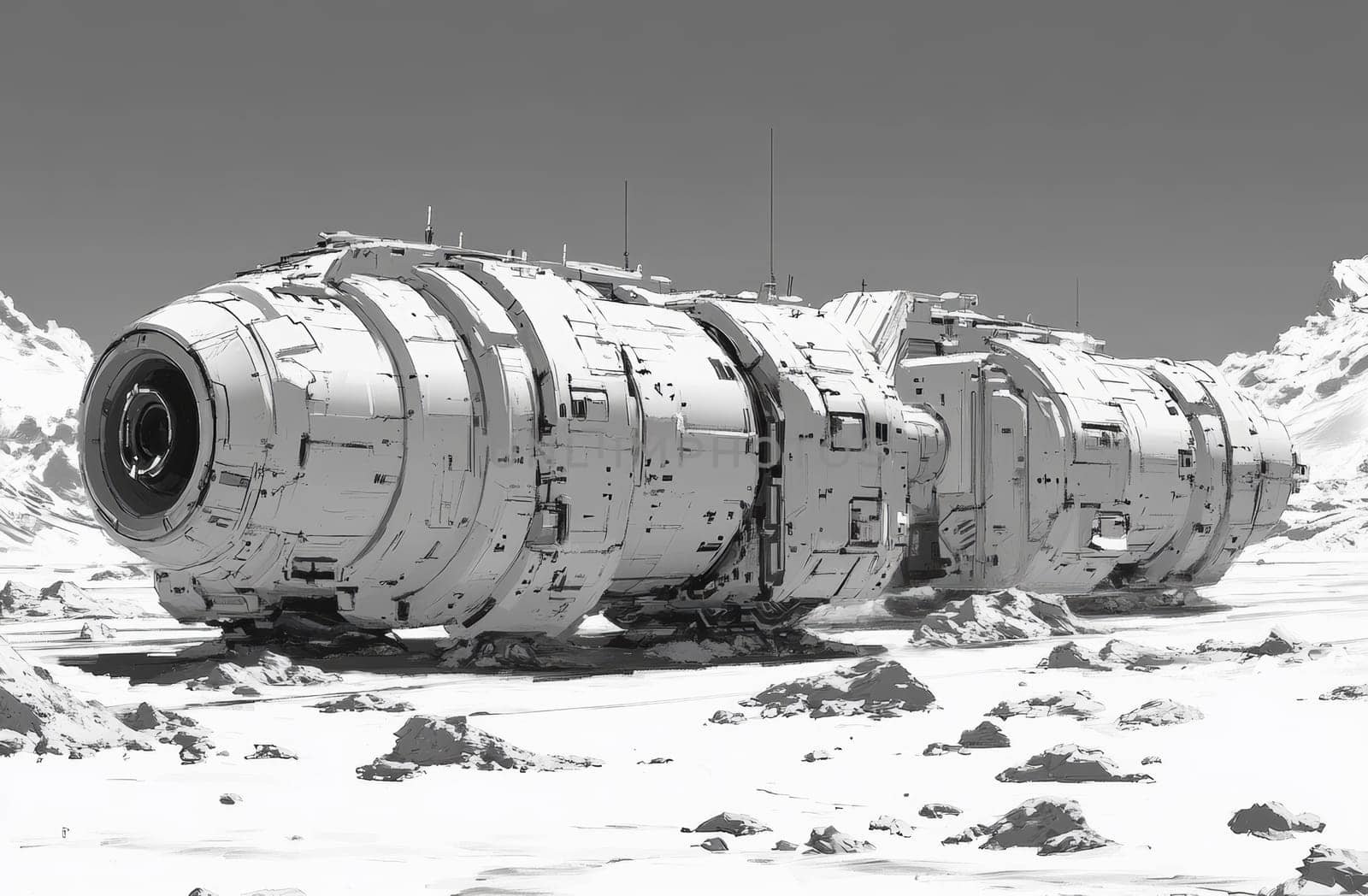 A digitally rendered, monochrome depiction of a long, cylindrical spaceship with segmented compartments. The craft rests on a flat, barren landscape with scattered rocks, illuminated by a bright sky.