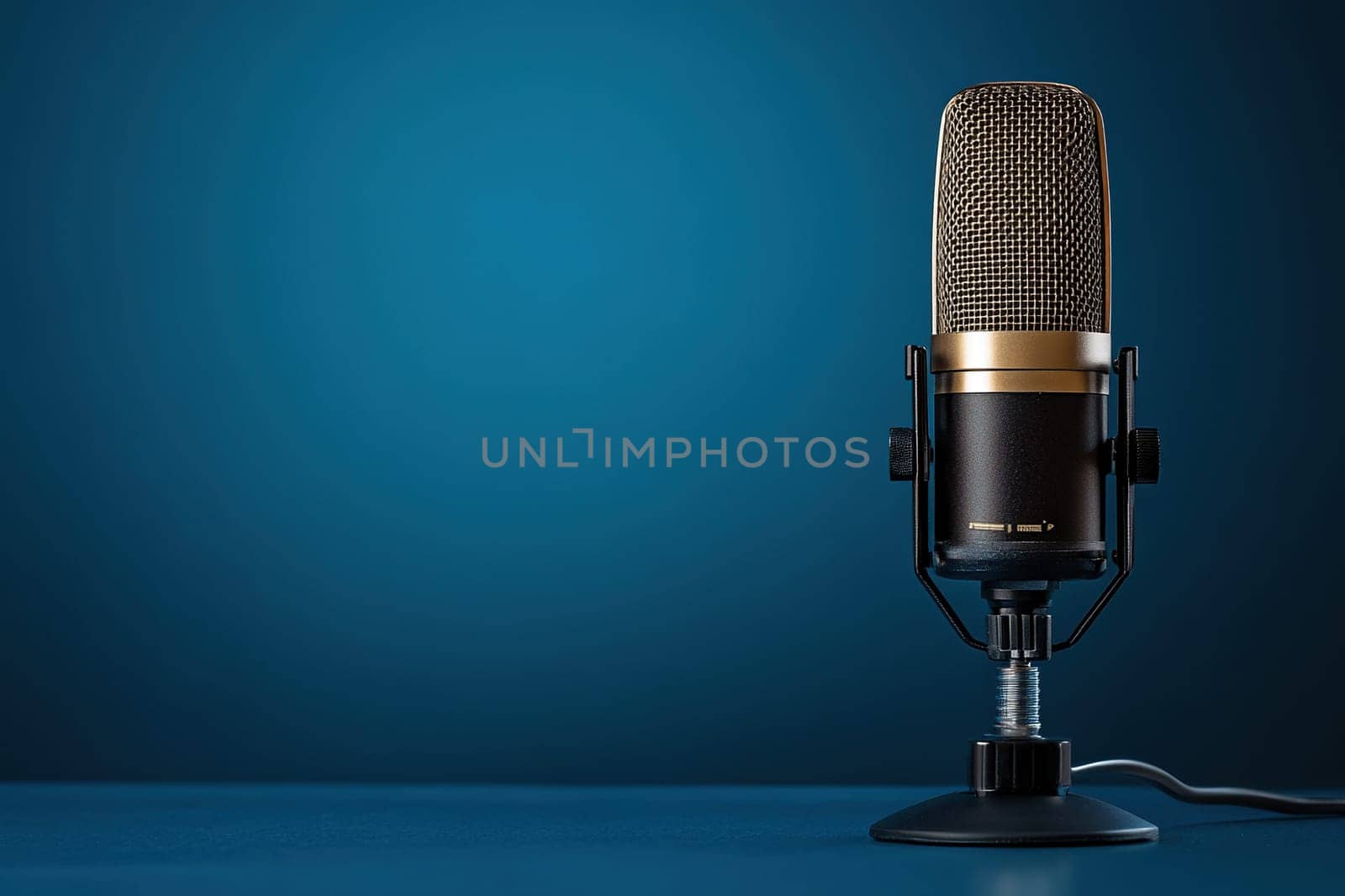 A short-stemmed microphone with a gold mesh head sits on a blue table against the blue wall on the right. Microphone on blue background with copy space.