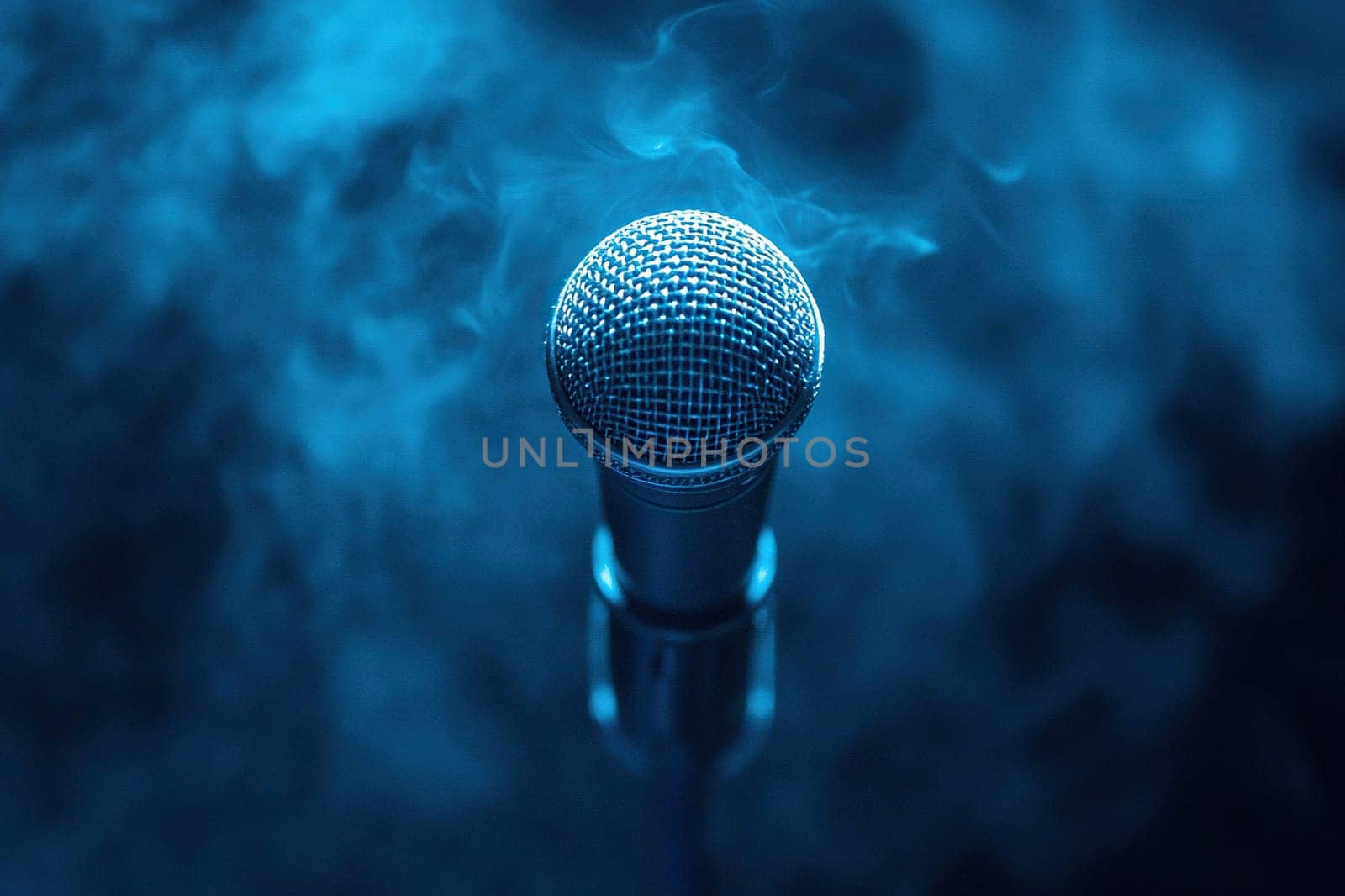 Professional microphone in smoke on dark blue background.