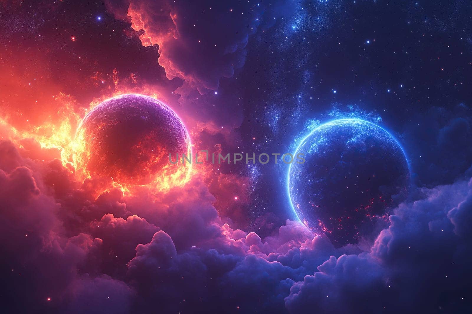 Fantastic image of red and blue planet in space in clouds of smoke. Concept of opposites. The concept of man as a universe. Mental health.