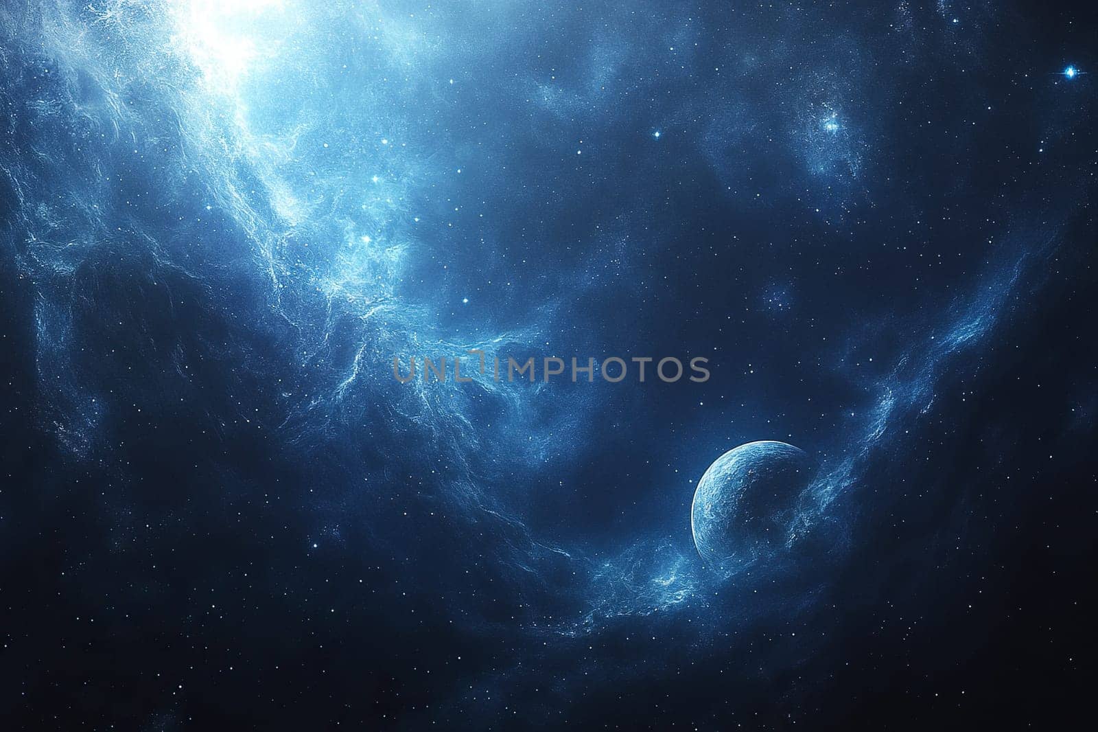 View from space of a lost planet among a nebula in dark space.