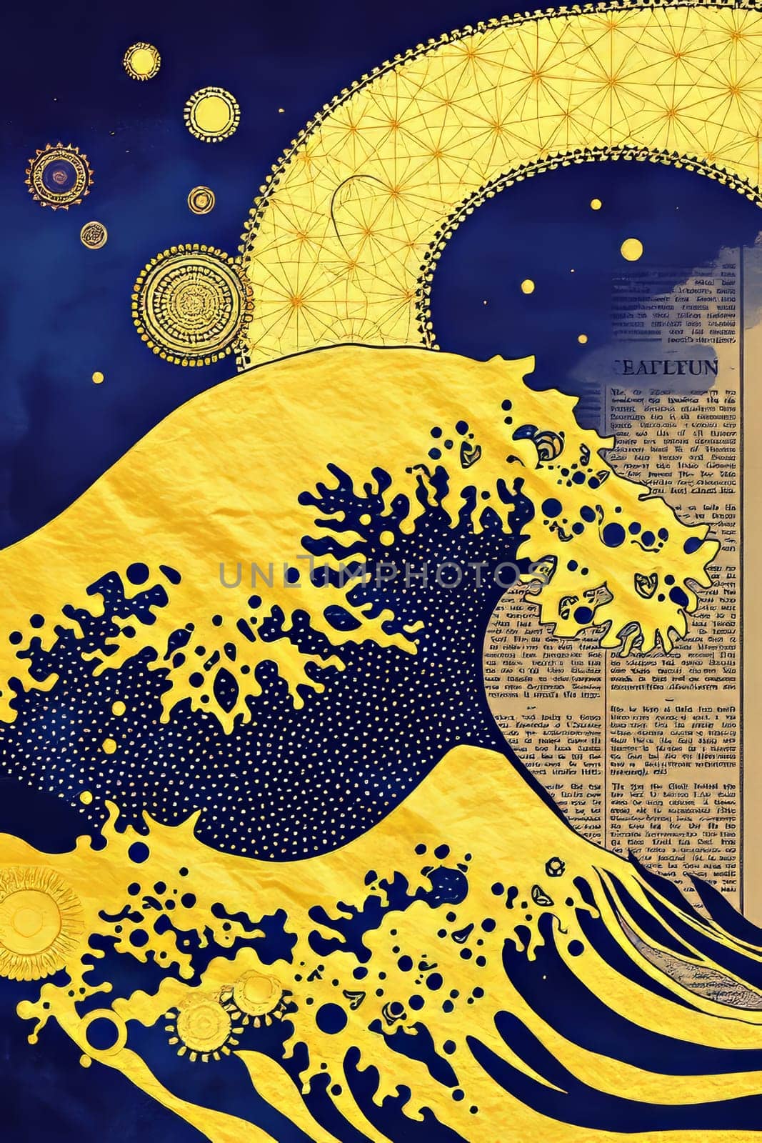 An artistic representation of a stylized wave incorporates celestial designs with a high-contrast color palette. Gold wave crests rise against dark blue with a text background.
