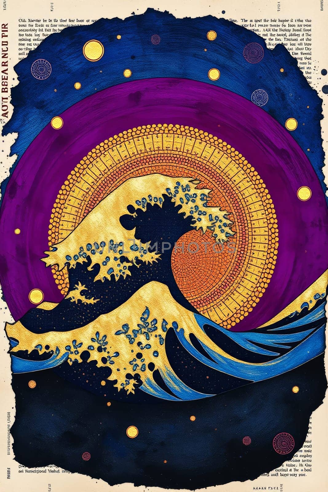 This digitally created artwork depicts a stylized wave crashing under celestial circles in rich colors like gold, purple, orange, and blue, set against a textured vintage paper background.
