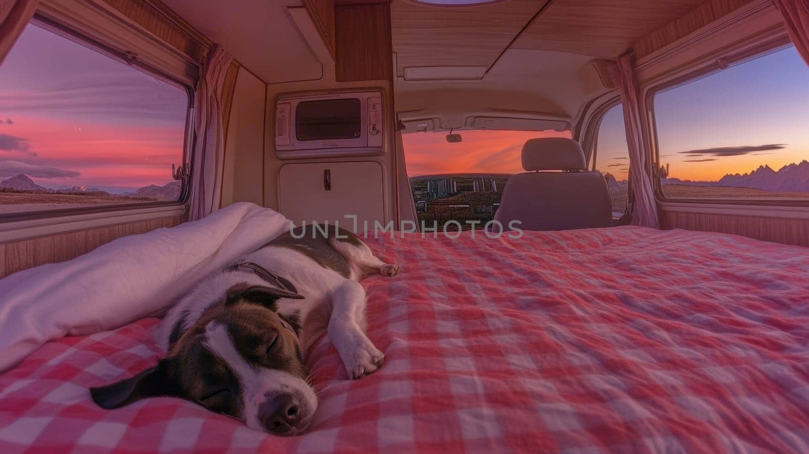 Inside a camper, a dog sleeps soundly on a bed covered with a red and white checkered blanket. The sunset hues shine through the camper's windows, revealing a scenic landscape.
