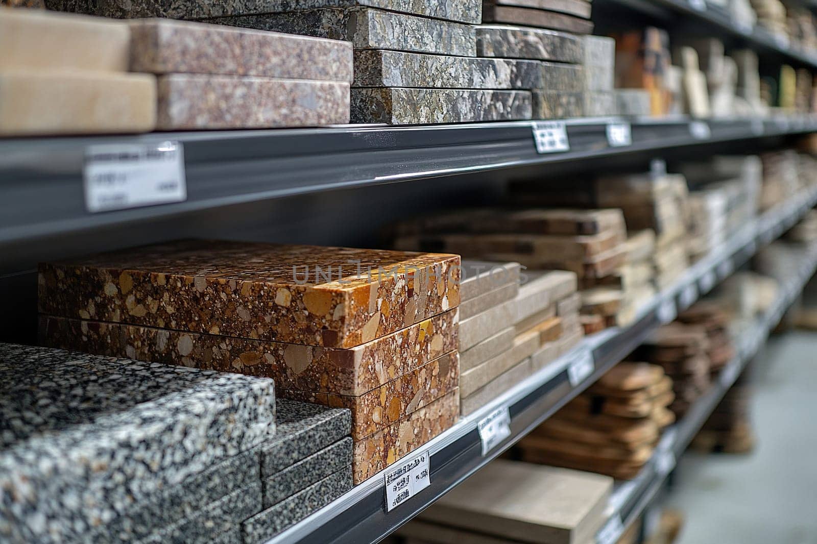 kitchen countertop samples on shelves at a hardware store
