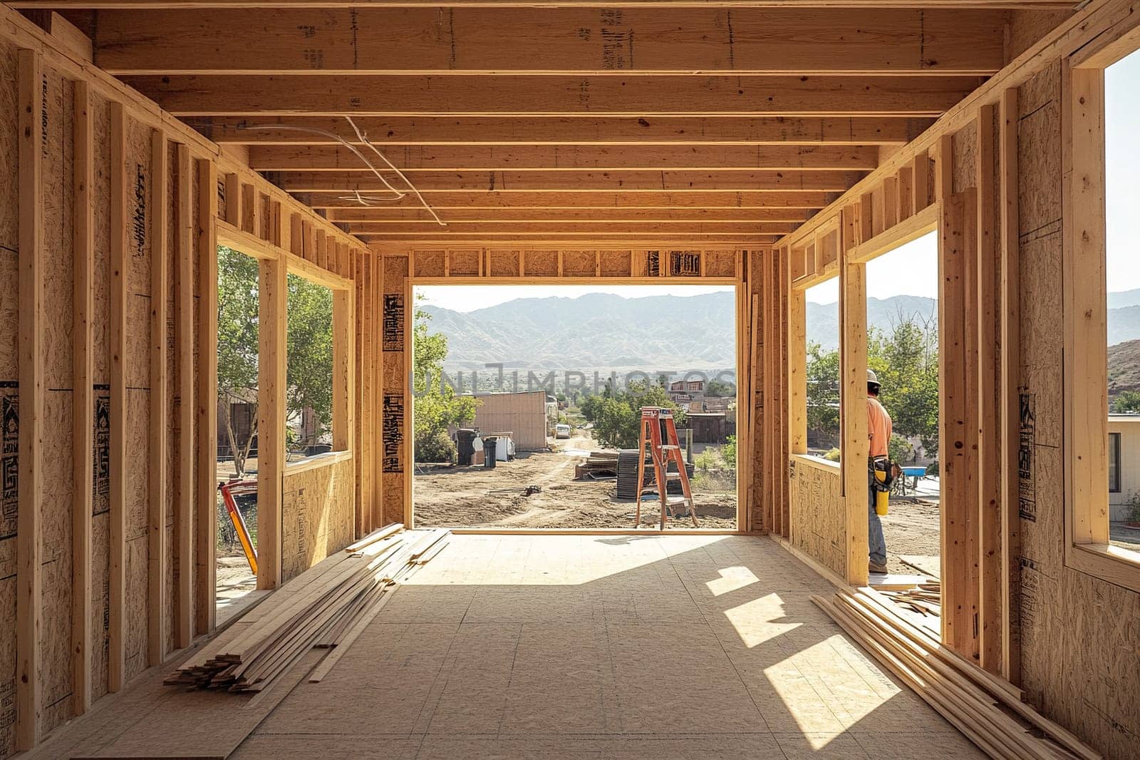 A residential timber frame structure is being erected. The beginning of a new construction project for housing or a mountain chalet.