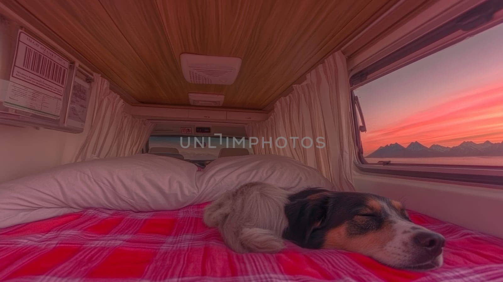 A serene scene inside a camper, where a dog peacefully sleeps on a bed adorned with a red blanket. The camper window offers a breathtaking view of a sunset over distant mountains.