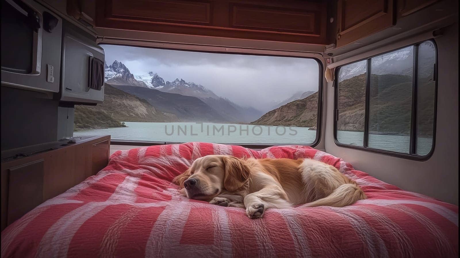 A golden retriever sleeps peacefully on a red and white striped bed inside a recreational vehicle. A stunning view of mountains and a serene body of water is seen through the windows.