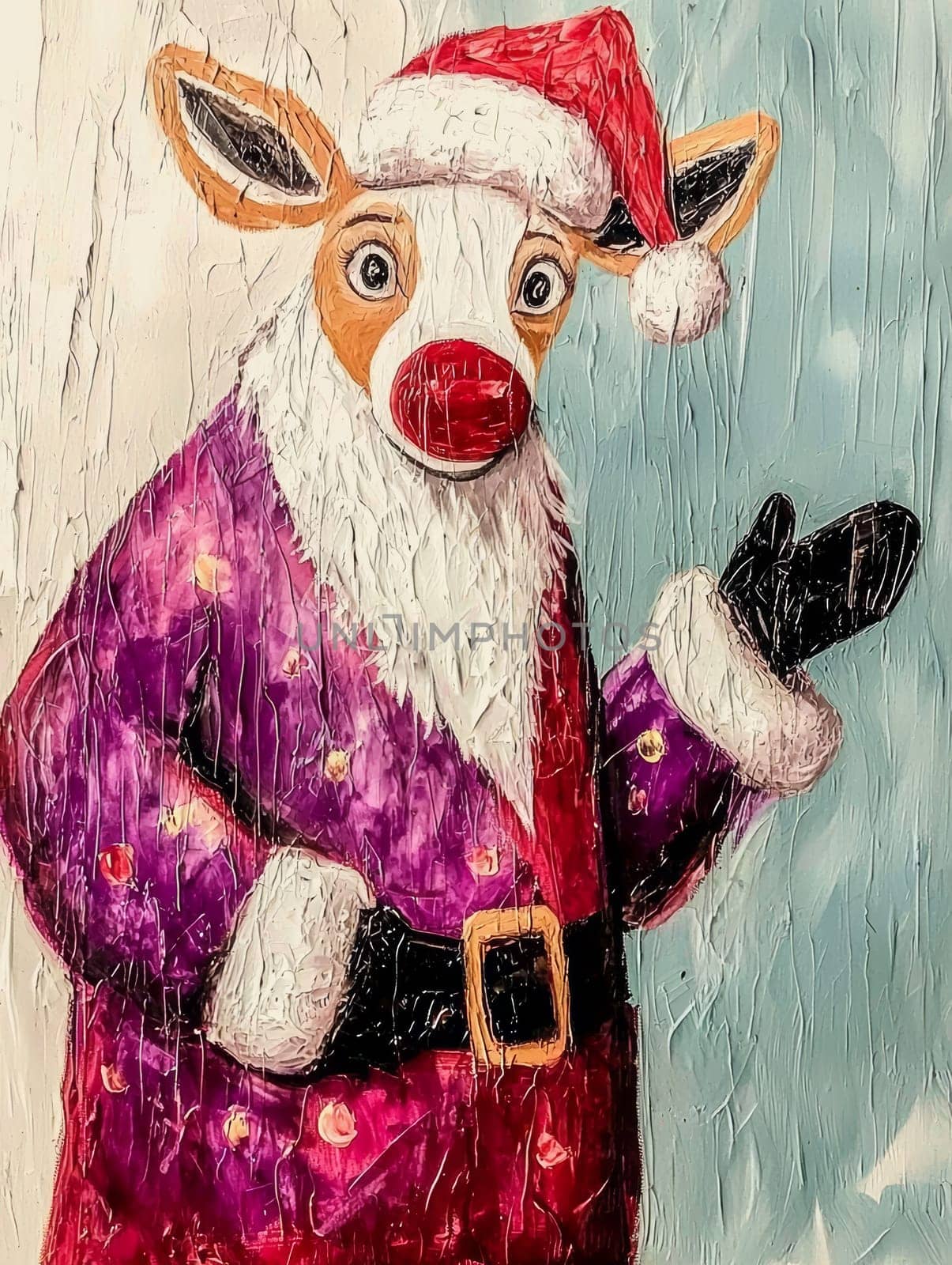 Unique artistic rendition of a cow dressed as Santa Claus, featuring a bright red nose and cheerful expression. Painted with bold textures, bringing warmth to any holiday decor. The cow wears a holiday hat.