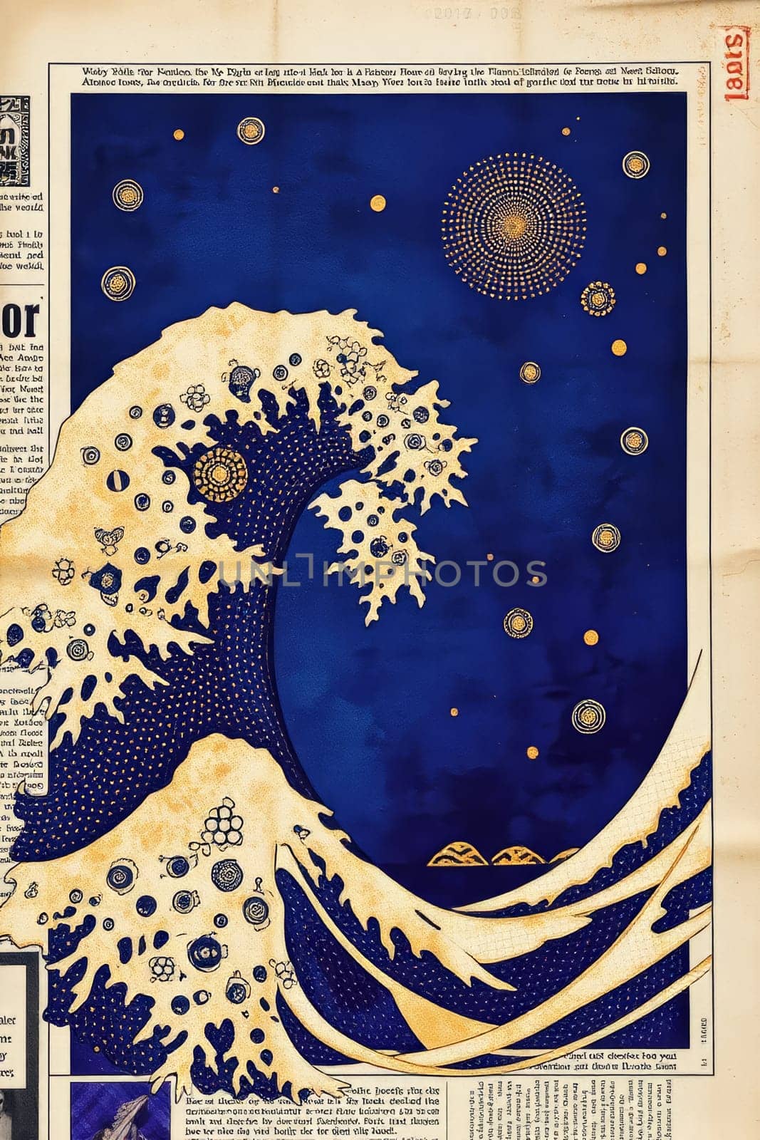 This image presents a stylized wave with detailed ornamentation against a dark blue backdrop. The wave is interspersed with gold-colored circles, and the composition recalls classic artistry.