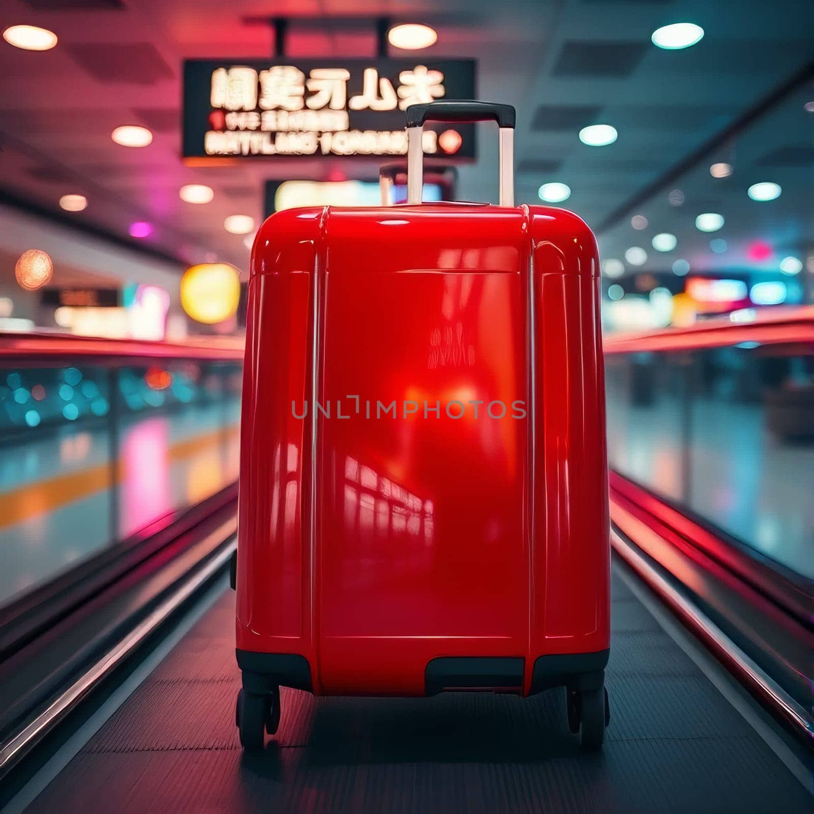Red suitcase in the airport building. High quality photo