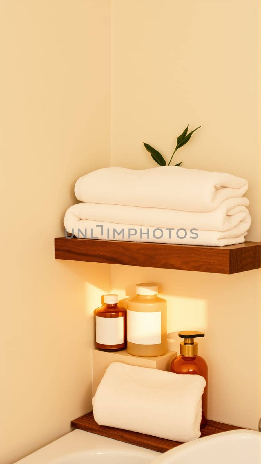 Spa treatment set, wooden shelf with neatly folded towels and dispensers for soap, cream, massage oil. High quality photo