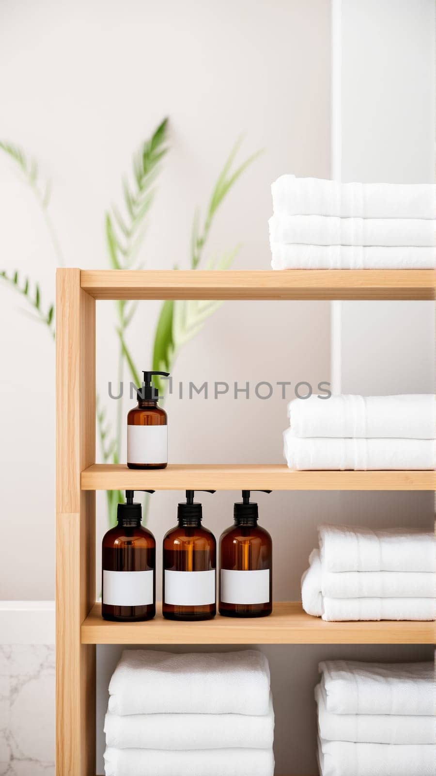 Spa treatment set, wooden shelf with neatly folded towels and dispensers for soap, cream, massage oil. High quality photo